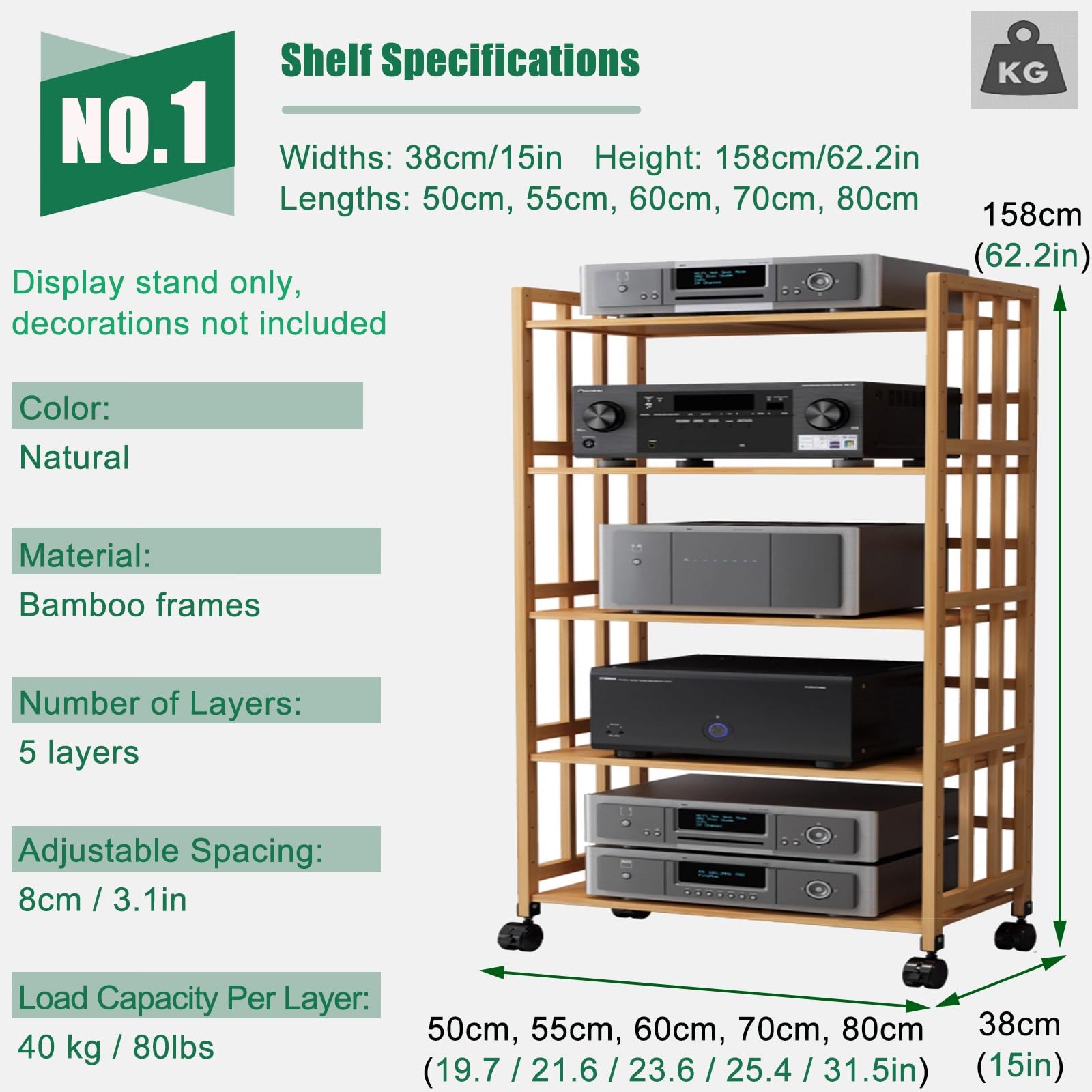 Soporte de alta fidelidad de altura ajustable, estante multimedia de 5 niveles para reproductores de TV, DVD, cajas de cables y almacenamiento de discos, armario estéreo versátil para sistema de