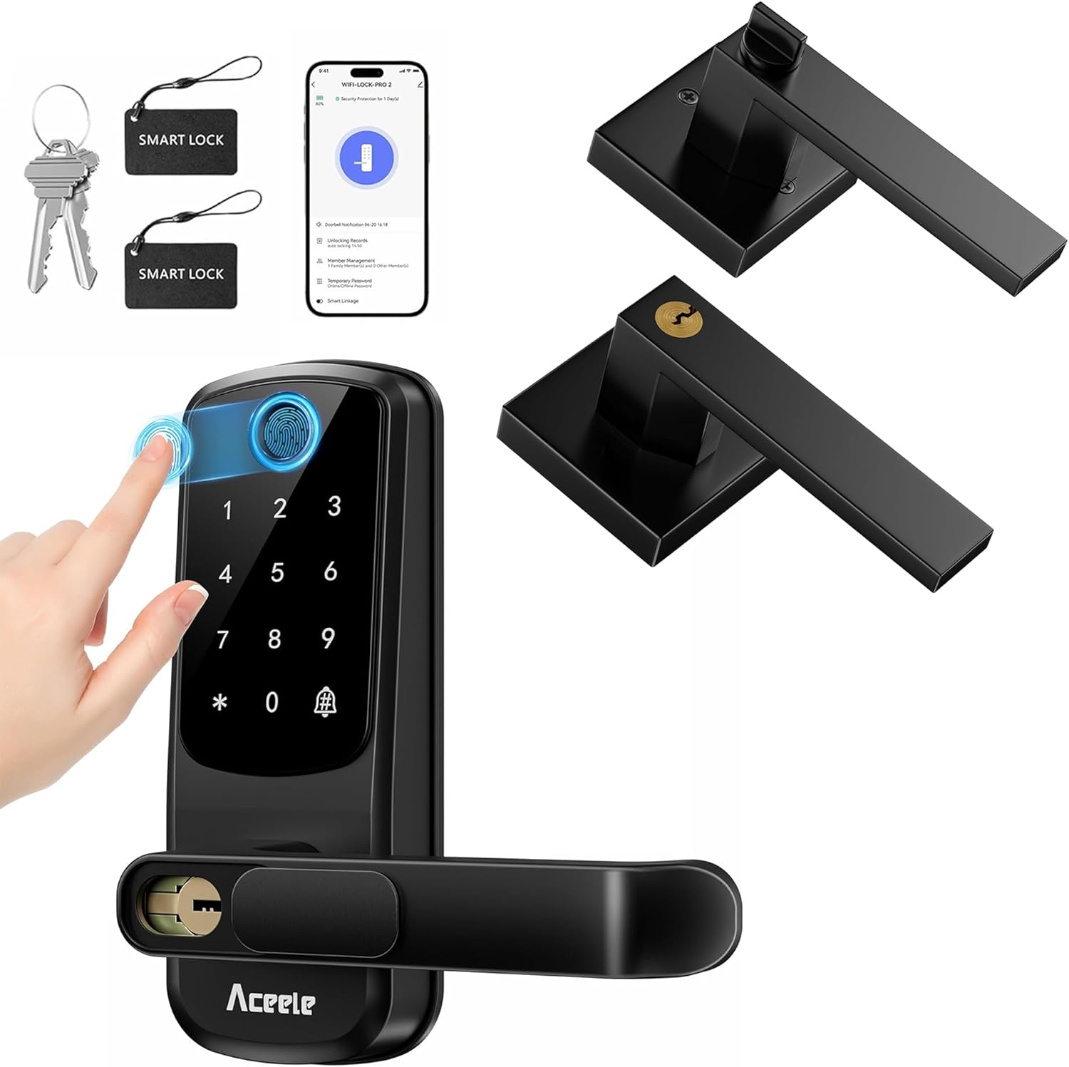 Aceele Keyless Entry Fingerprint Smart Lock + Classic Black Privacy Door Handle Lever with Lock