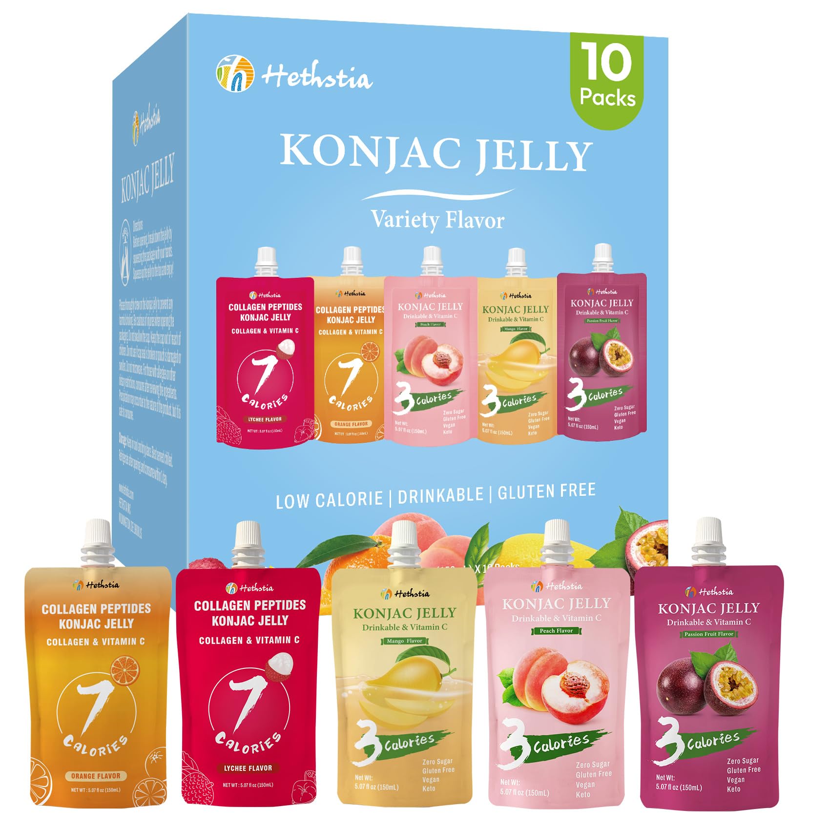 Hethstia Konjac Jelly Drinkable Pouch Variety Pack - Low Calorie, 0 Sugar, Gluten-Free, Collagen Peptides & Vitamin C - 10 Pack - Lychee, Passion Fruit, Mango, Peach, Orange- Healthy Fruit Snacks