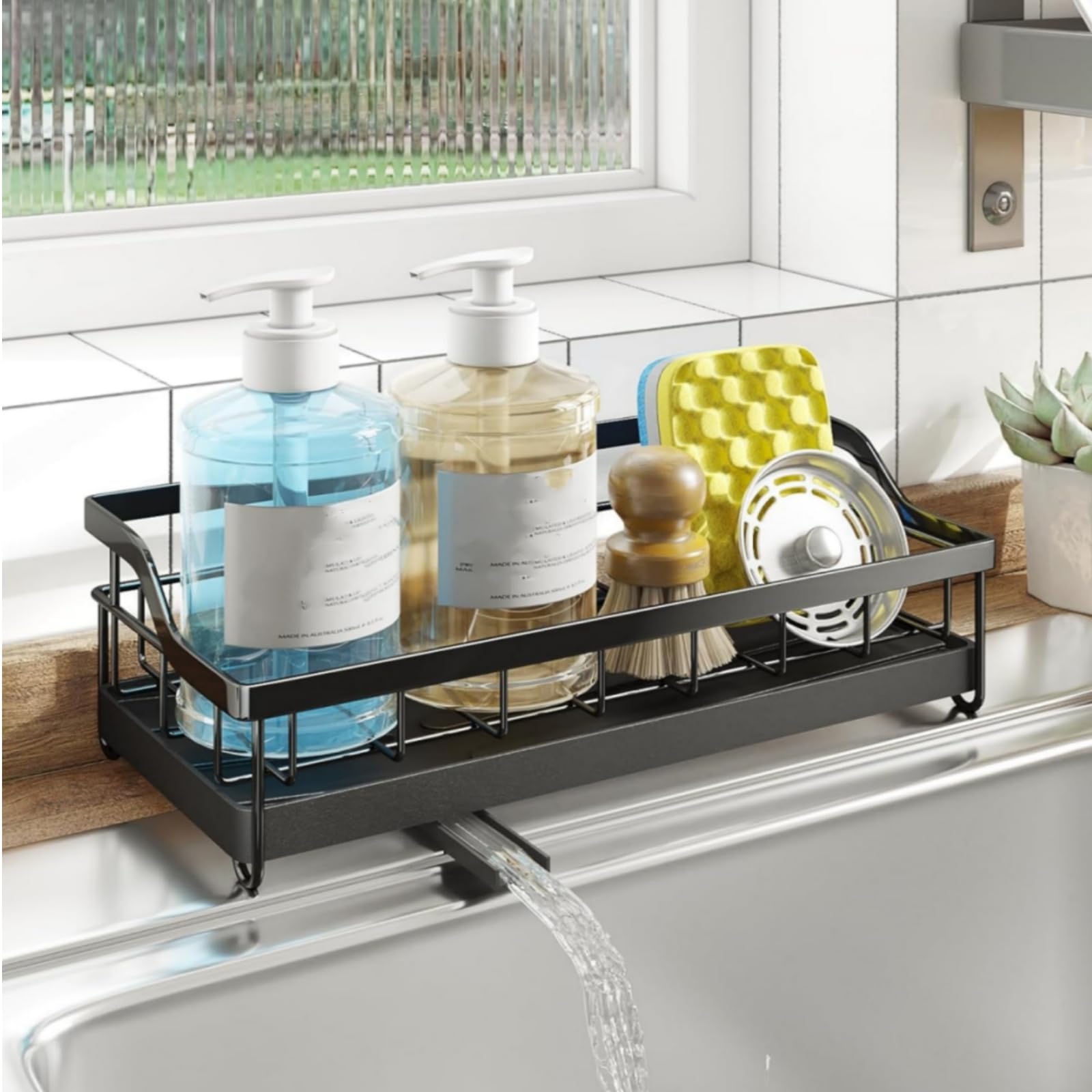 Organiseur d'évier, Porte Eponge Evier Cuisine en Acier Inoxydable avec Porte Brosse Amovible, Séparateur Amovible, Rangement et Organisation de Cuisine, Noir