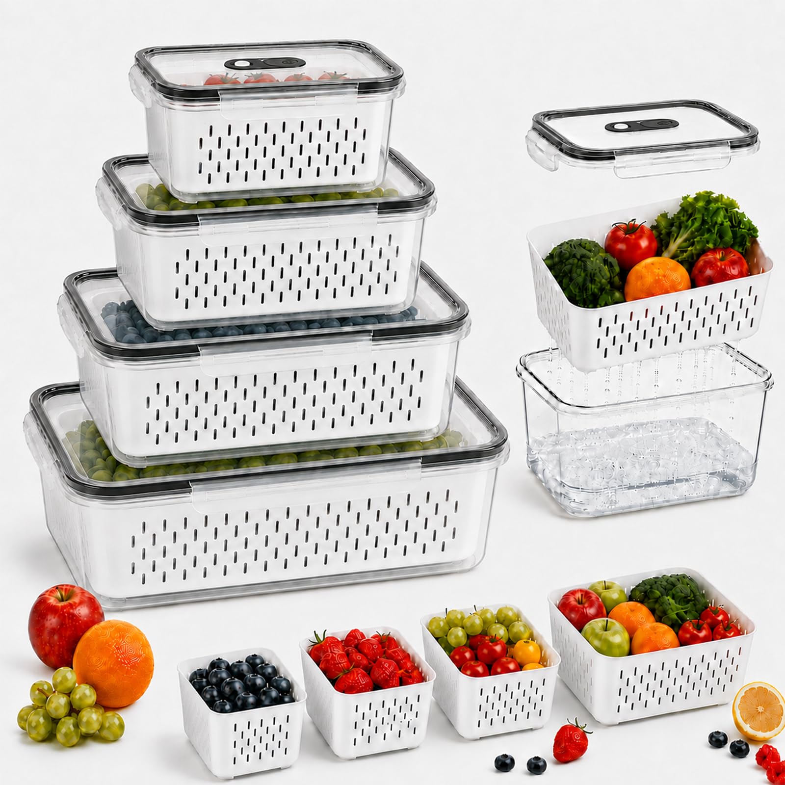 Contenitori per Frutta da Frigo, Set 3/4 Pezzi con Cestello Scolapasta Rimovibile, Ermetici e Impilabili, Ideali per Verdura, Bacche e Alimenti (4Pcs)