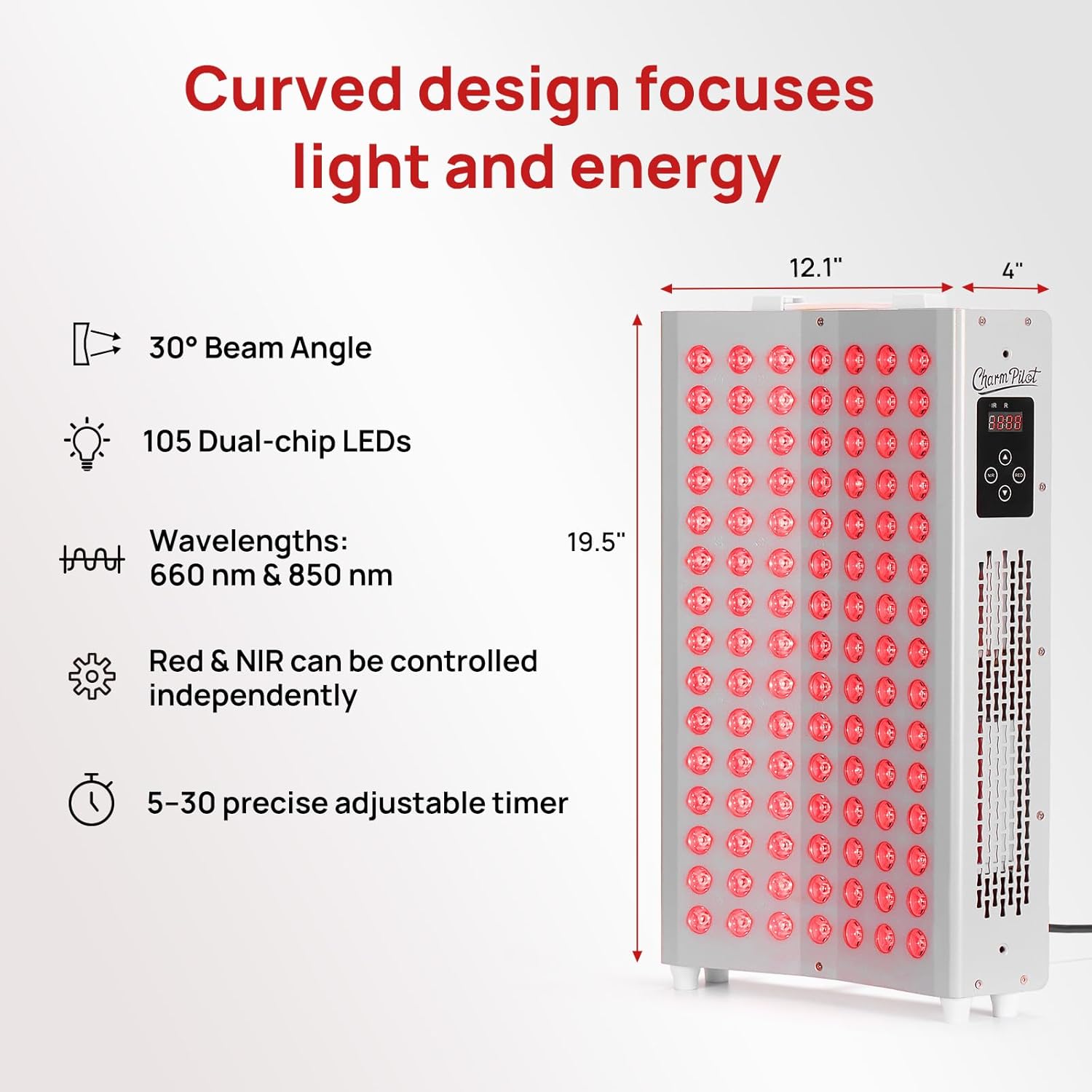 Curved Red Light Therapy Panel, 105 LEDs, 660nm Red & 850nm Near-Infrared (NIR), Switchable Modes, for Full-Body Use, Home Self-Care