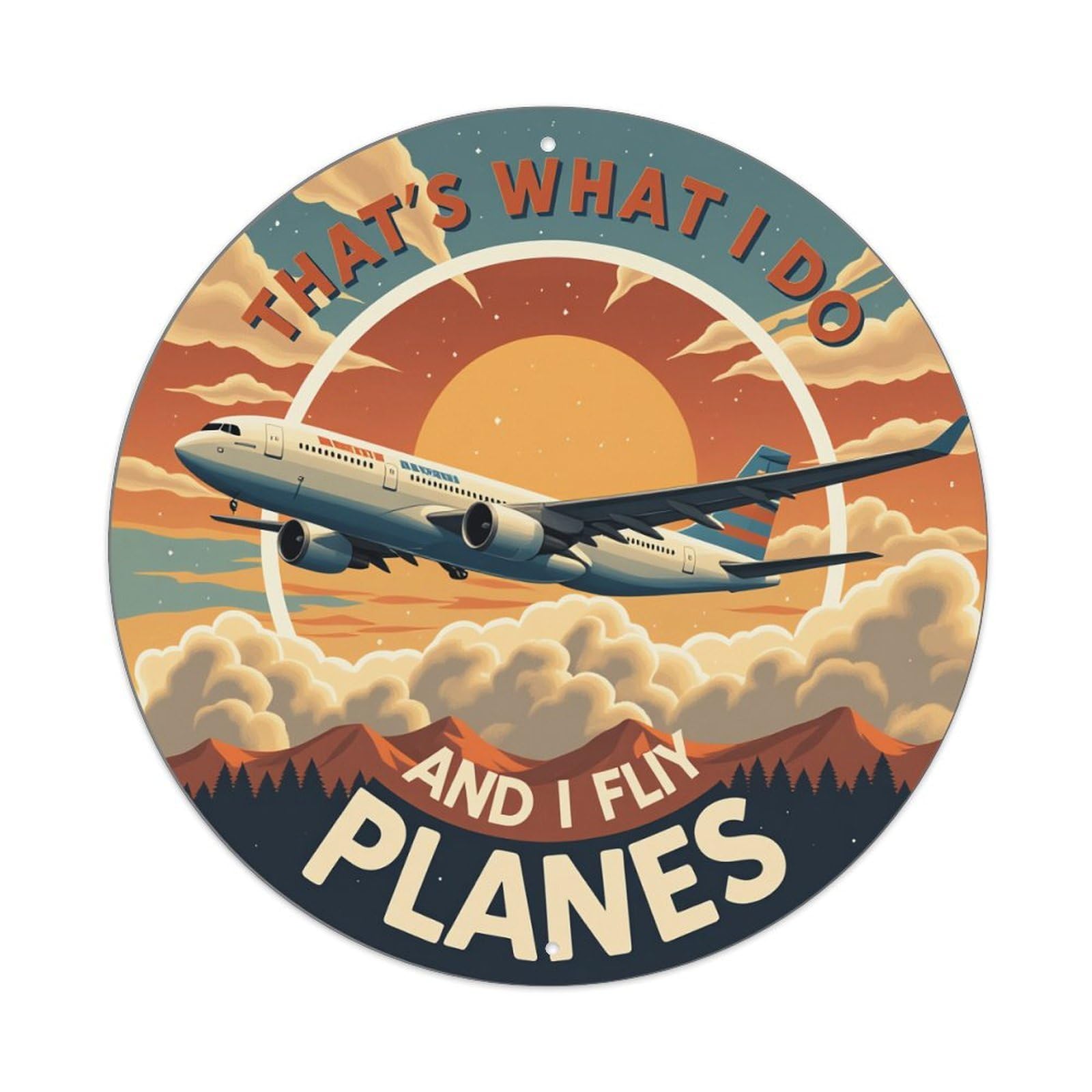 Airplane Sky Sunset Clouds Mountains Round Tin Sign Vintage Metal Poster, Home Bar Garage Man Cave Cafe Indoor & Outdoor Wall Decoration 8x8Inches