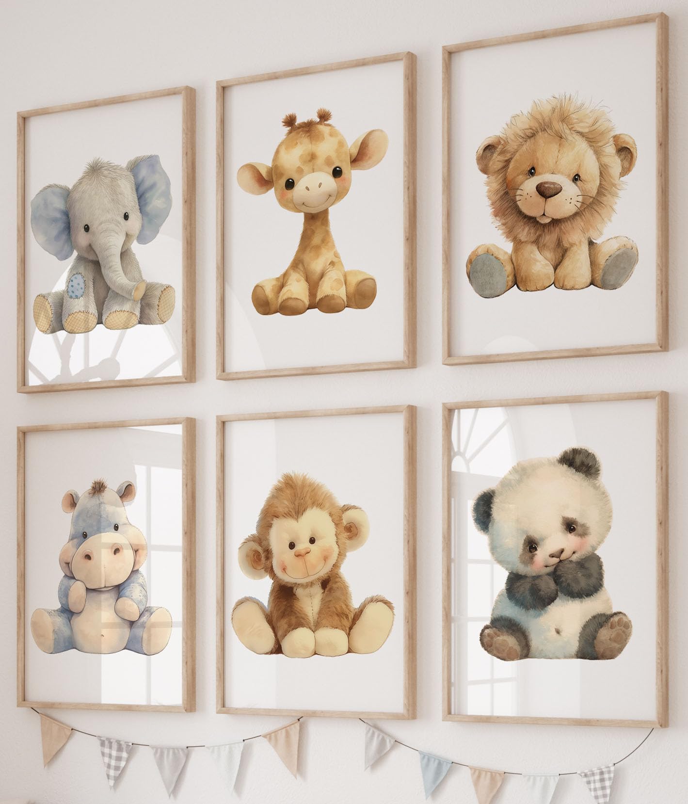 Baby Safari Animals Set of 6 Unframed Prints for Baby Girl or Boy Nursery Bedroom Playroom, Teddy Bear Style, Nursery Décor, Cute Jungle Wall Art, Giraffe Elephant Lion Hippo Monkey Panda (A4) — image 1