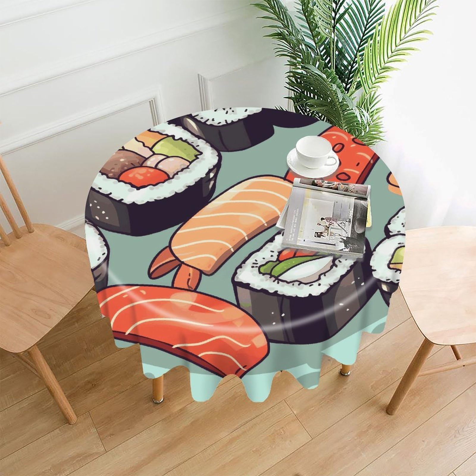 FodPand Sushi Round Tablecloth - 60 Inch Premium Polyester Table Cloth, Fashion Wrinkle Resistant Decorative Table Cover for Dining Kitchen Party Buffet Tables