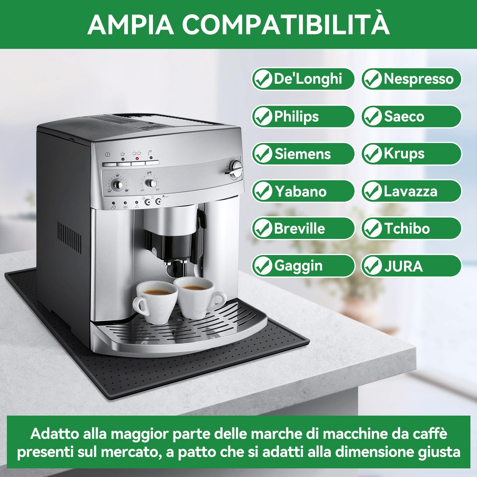 Tappetino per Macchina da Caffè, Tappetino in Silicone 48x30cm con Bordo Rialzato, Protezione Piano di Lavoro, Compatibile con De Longhi Magnifica, Philips LatteGo, Siemens EQ6 (Nero)