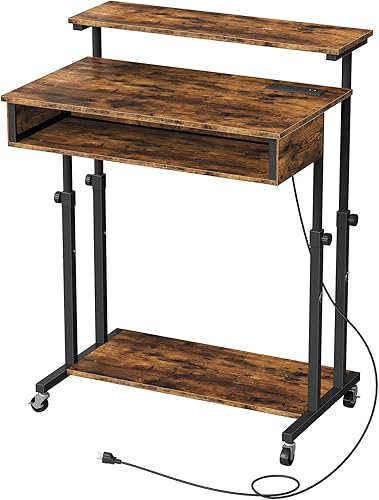 Miniatura 8 de Escritorio para computadora, escritorio de pie sobre ruedas, escritorio con estación de carga, escritorio para laptop de altura ajustable, para sala