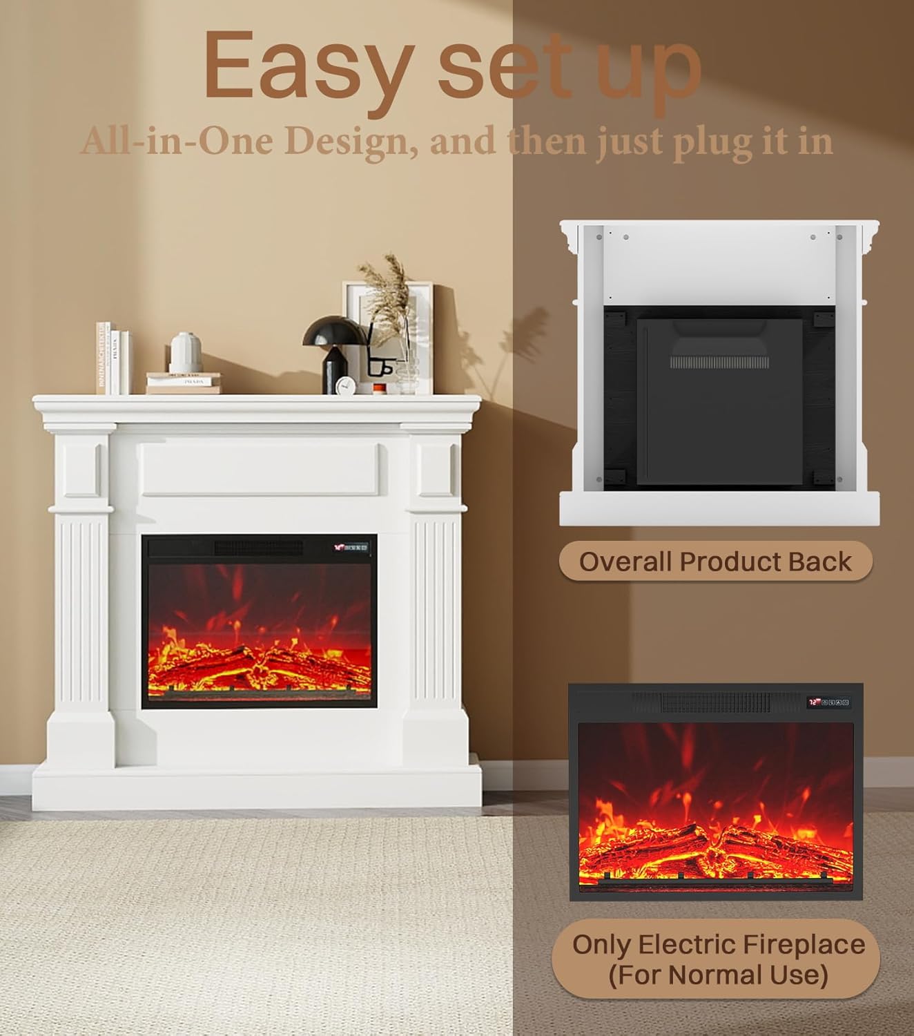 43" Electric Fireplace with Mantel, TV Stand＆Freestanding Fireplace, 23 inch Electric Fireplace Heater with 4 Flame Levels, Remote Control, One Package＆Easy to Set, for Living Room/Bedroom