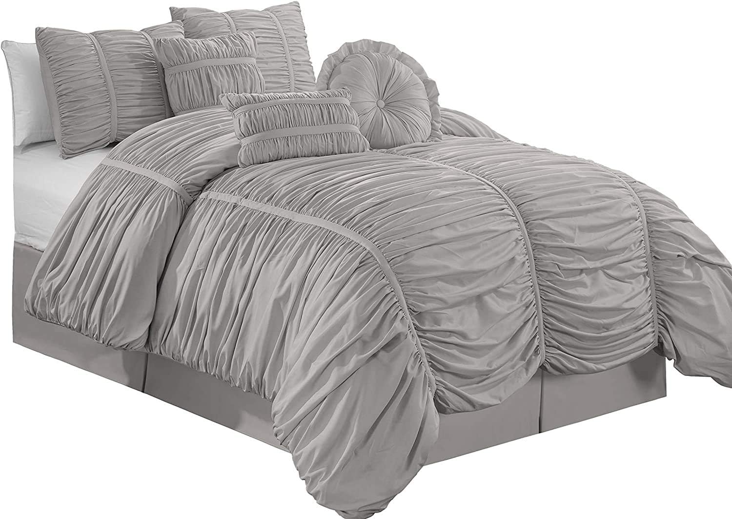 Chezmoi Collection Chic 7-Piece Silver Gray Ruched Ruffle Pleated Comforter Bedding Set, Full Size