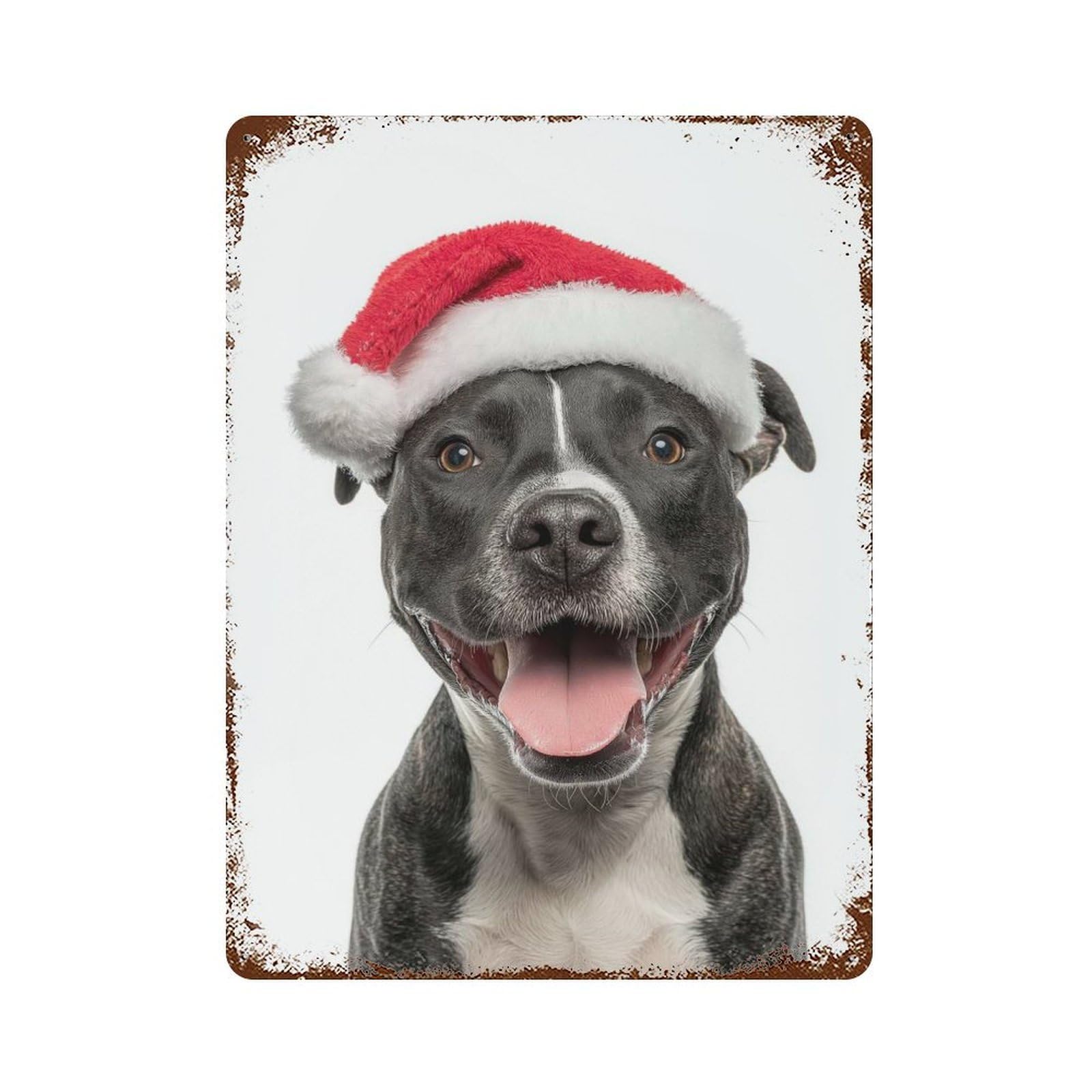 Staffordshire Bull Terrier Dog with Santa Hat 15.7"x11.8" Aged Metal Wall Plaque, Retro Wall Decor for Farmhouse, Kitchen And Entryway Decor