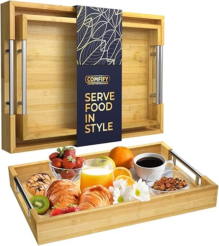 Comfify Bandejas decorativas de bambú con asas de acero inoxidable plateadas, juego de 2 piezas para mesa auxiliar, otomana, desayuno en la cama,