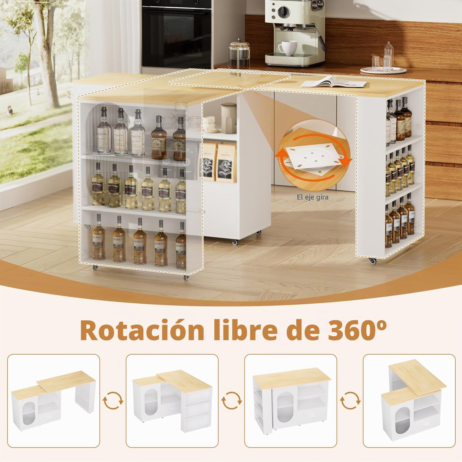 Isla de cocina giratoria 360° con espacio de almacenamiento, carrito de cocina móvil, mesa de bar extensible, encimera de acero inoxidable, barra de desayuno con armarios y cajones para cocina comedor