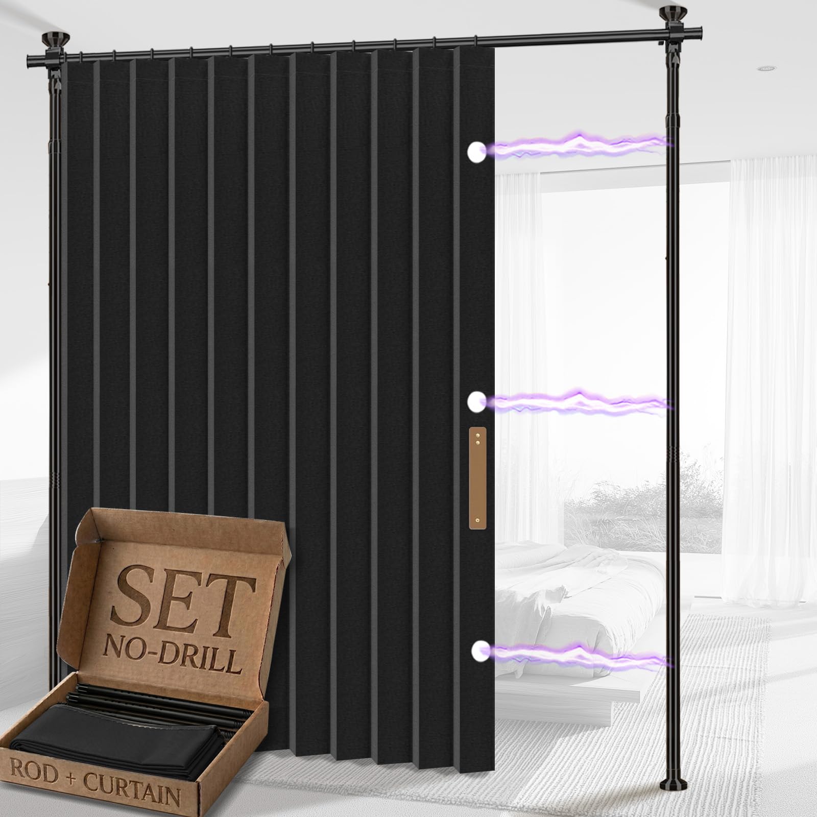 Photo 1 of AJAZZ Room Divider Curtain (Black, W100 x L96 in, 1 Panel)+ Tension Curtain Rod No Drilling (H) 43-120×(W) 35-100 in, for Privacy/Soundproof Curtains, Heavy Duty Wall Separator
