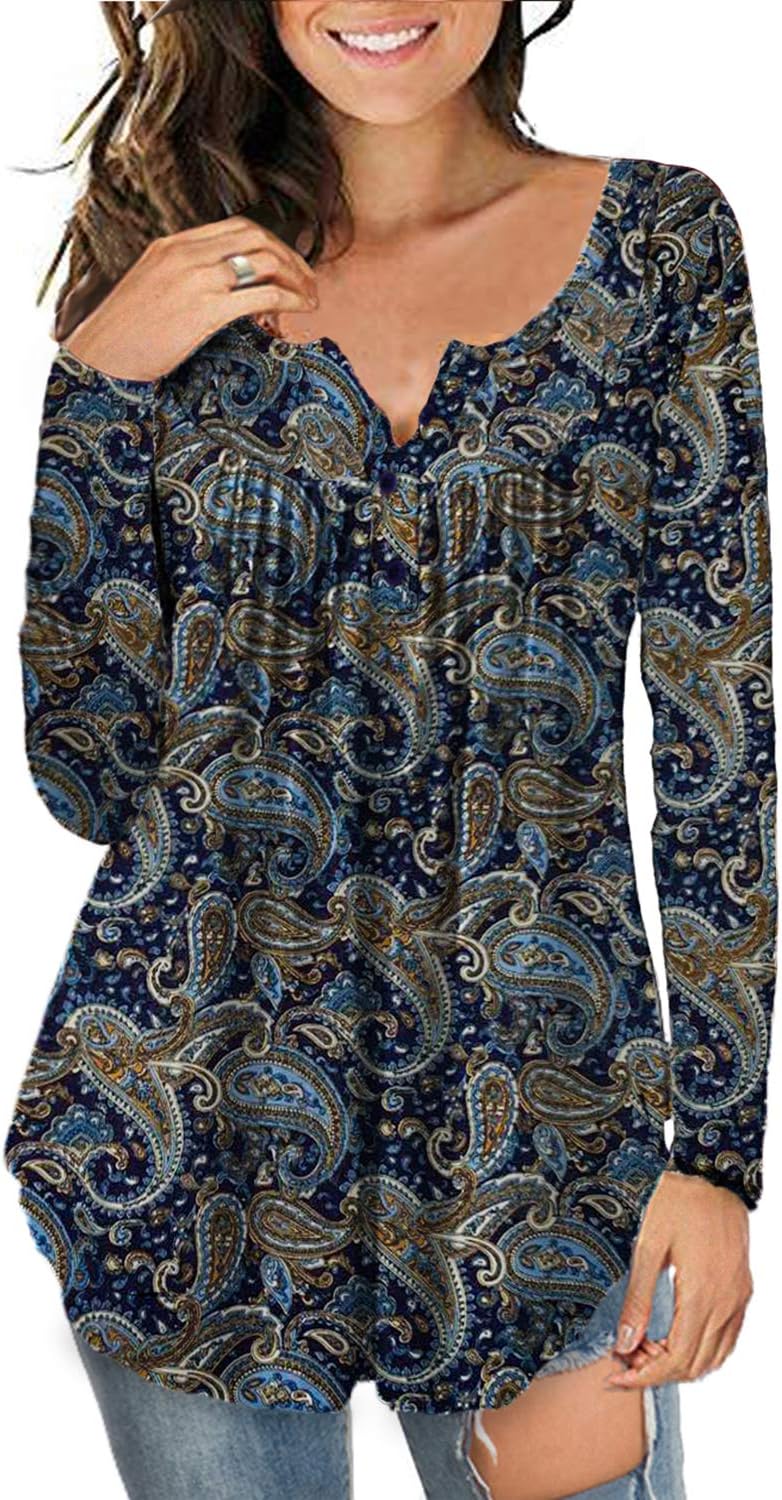 a.JesdaniPlus Size Tunic Tops Long Sleeve Casual Floral Printed Henley V Neck Shirts for Women
