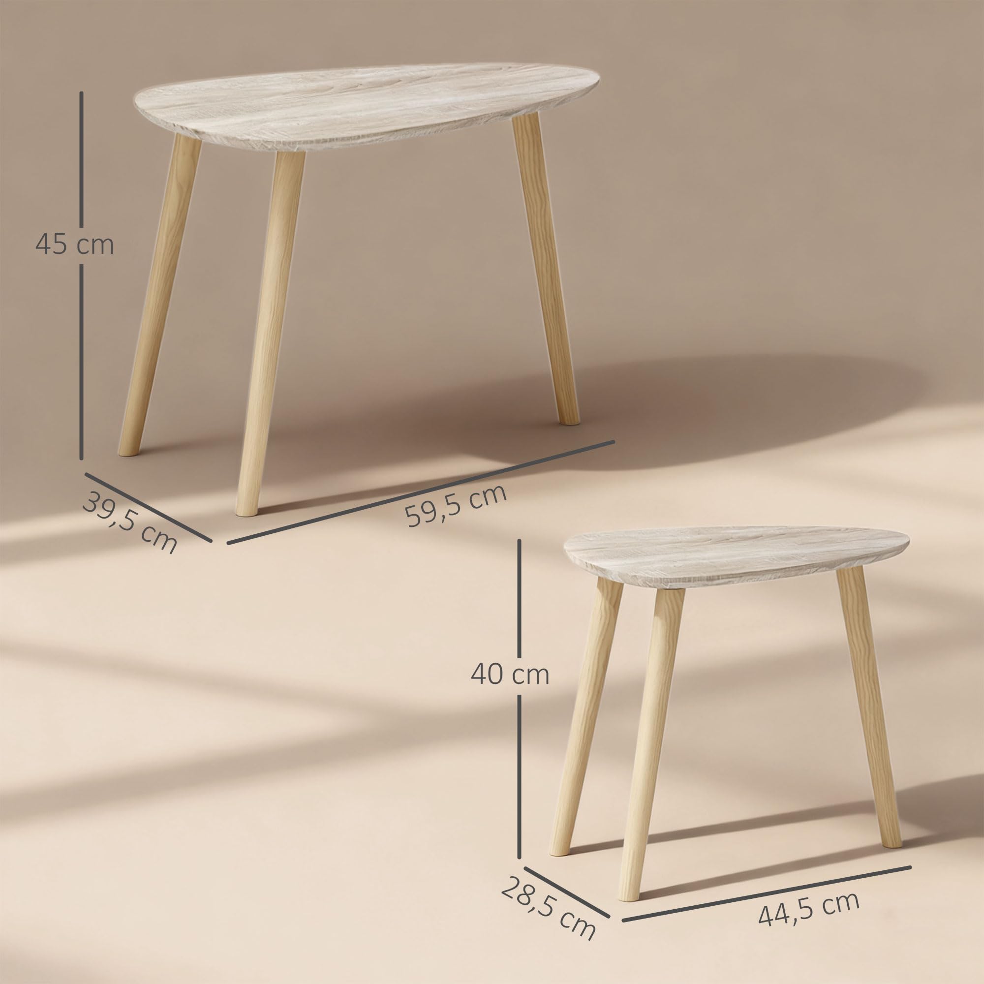 HOMCOM Juego de 2 Mesas de Centro, Mesa Nido Moderna, Mesitas Auxiliares, Patas de Madera de Pino, para Salón, Dormitorio, Oficina, Madera Natural