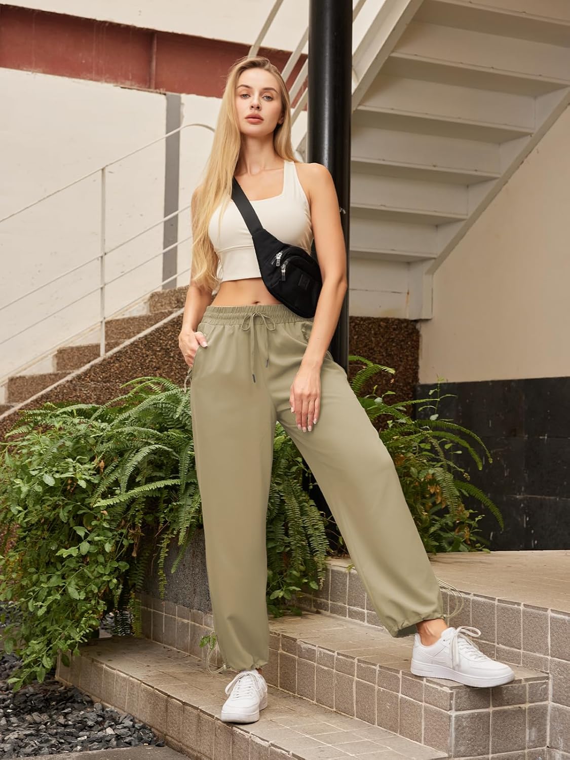 Womens Athletic Hiking Pants Lightweight Quick Dry Water Resistant Elastic Waist Cargo Pants with Zipper Pockets - Image 3