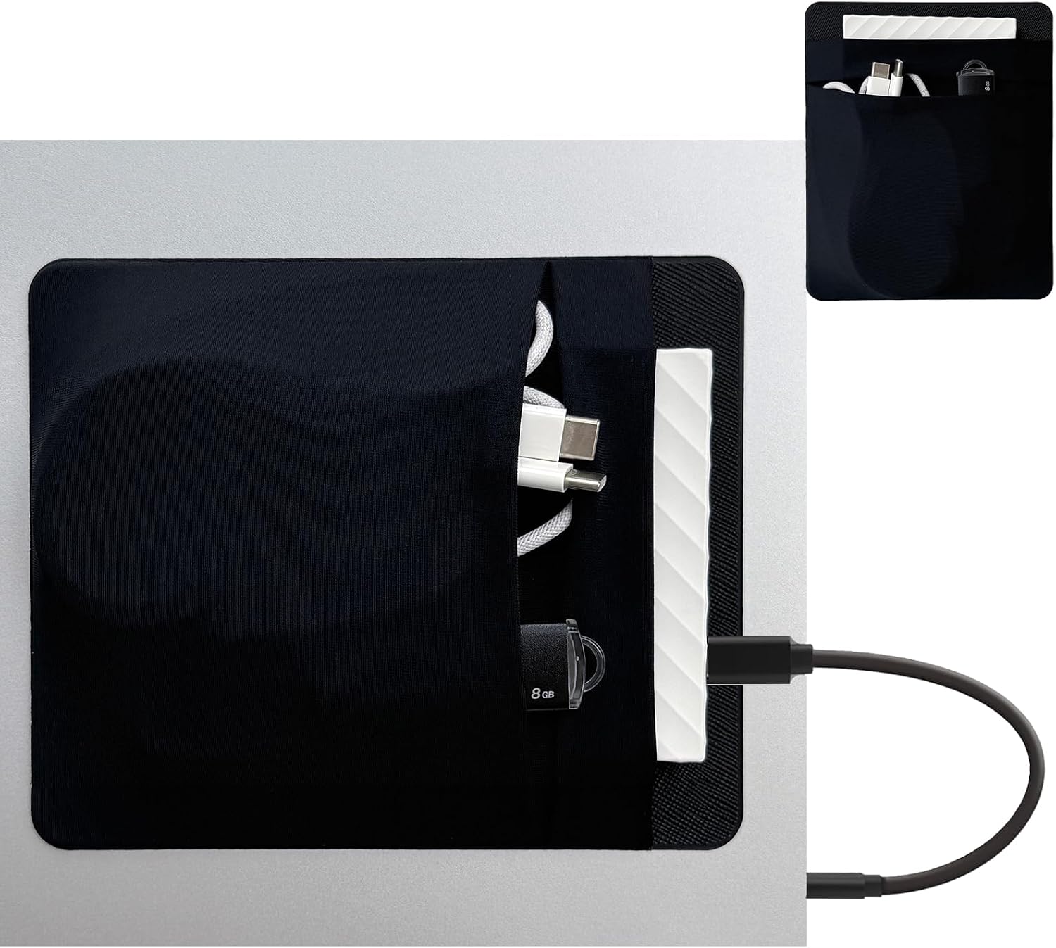 2-Pocket SSD Holder for Laptop,Adhesive Pouch,Portable Hard Drive Sleeve for Laptop,Compatible with External 2.5" HDD, Magic Mouse, Externa Hard Drive,USB Cable and More Holder - Black