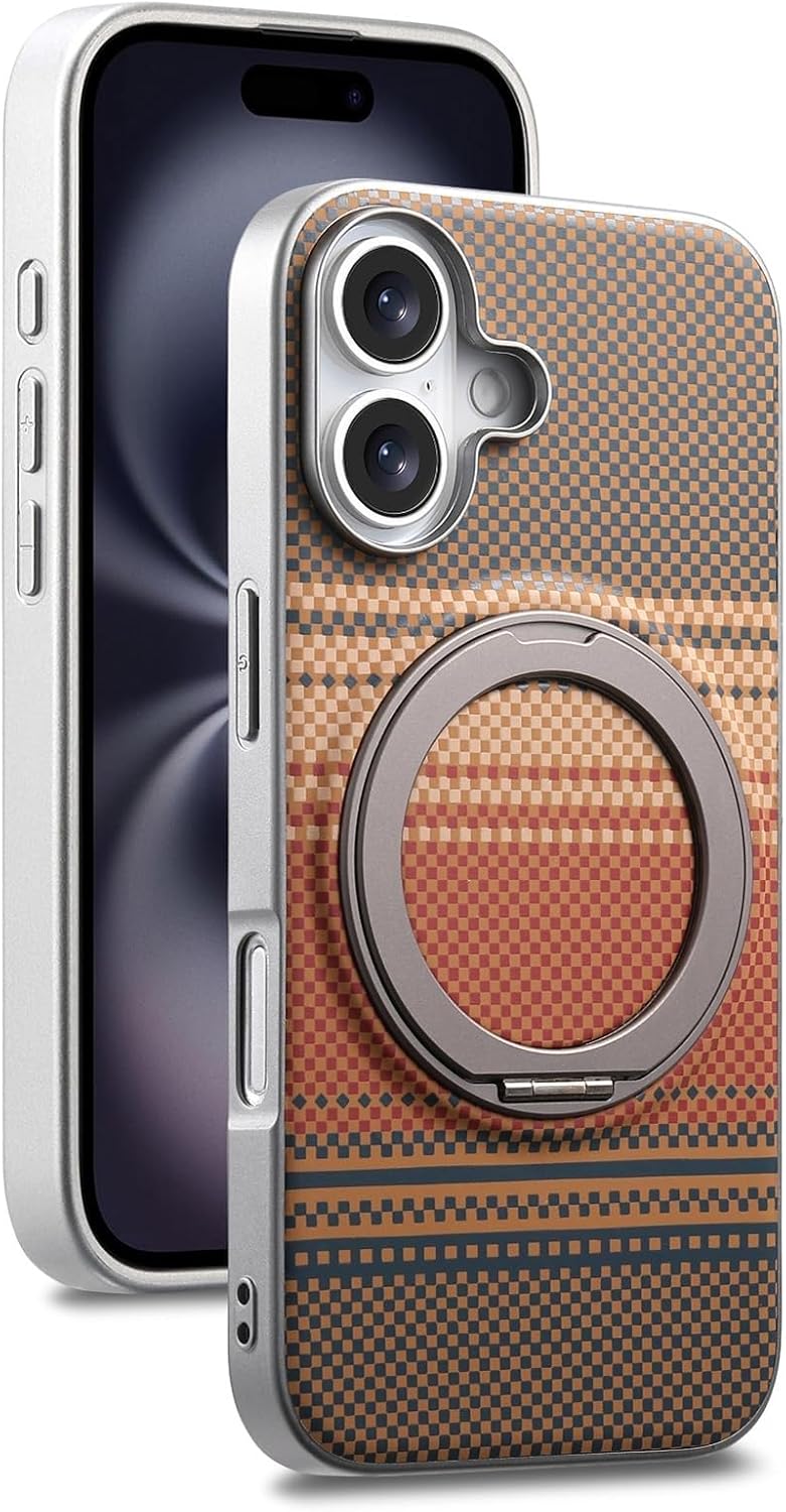 Slim Case for iPhone 17/17 Air/17 Pro/17 Pro Max, with Swivel Metal Ring Stand Cover Magnetic Carbon Fiber Pattern Non Slip Case(Orange,17 Pro Max)