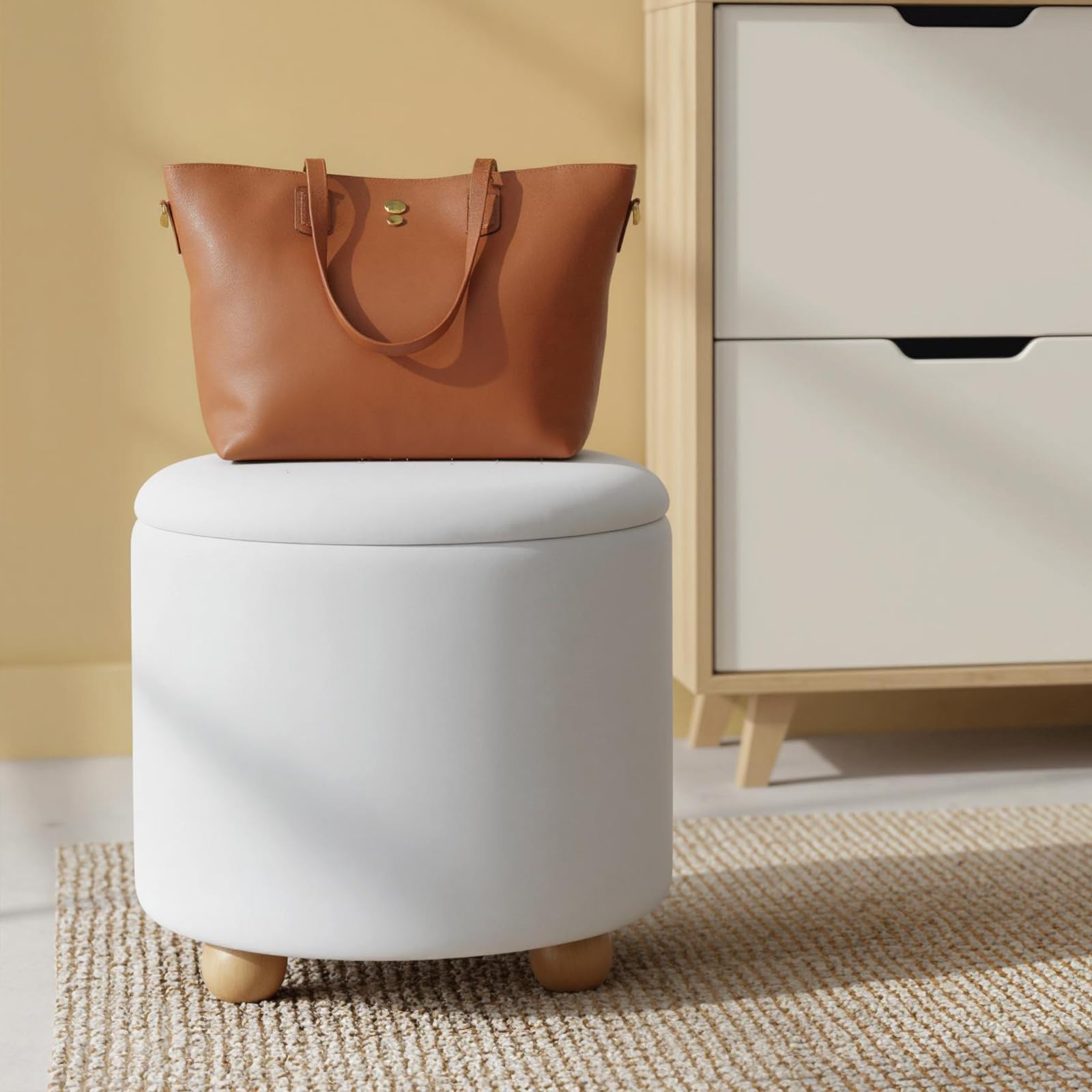 COSTWAY Pouf Contenitore 35 L, Ottomano in Tessuto Ciniglia con Coperchio Rimovibile, Sgabello con Gambe in Legno di Gomma, Portata 150 kg, per Soggiorno e Camera da Letto (Bianco)