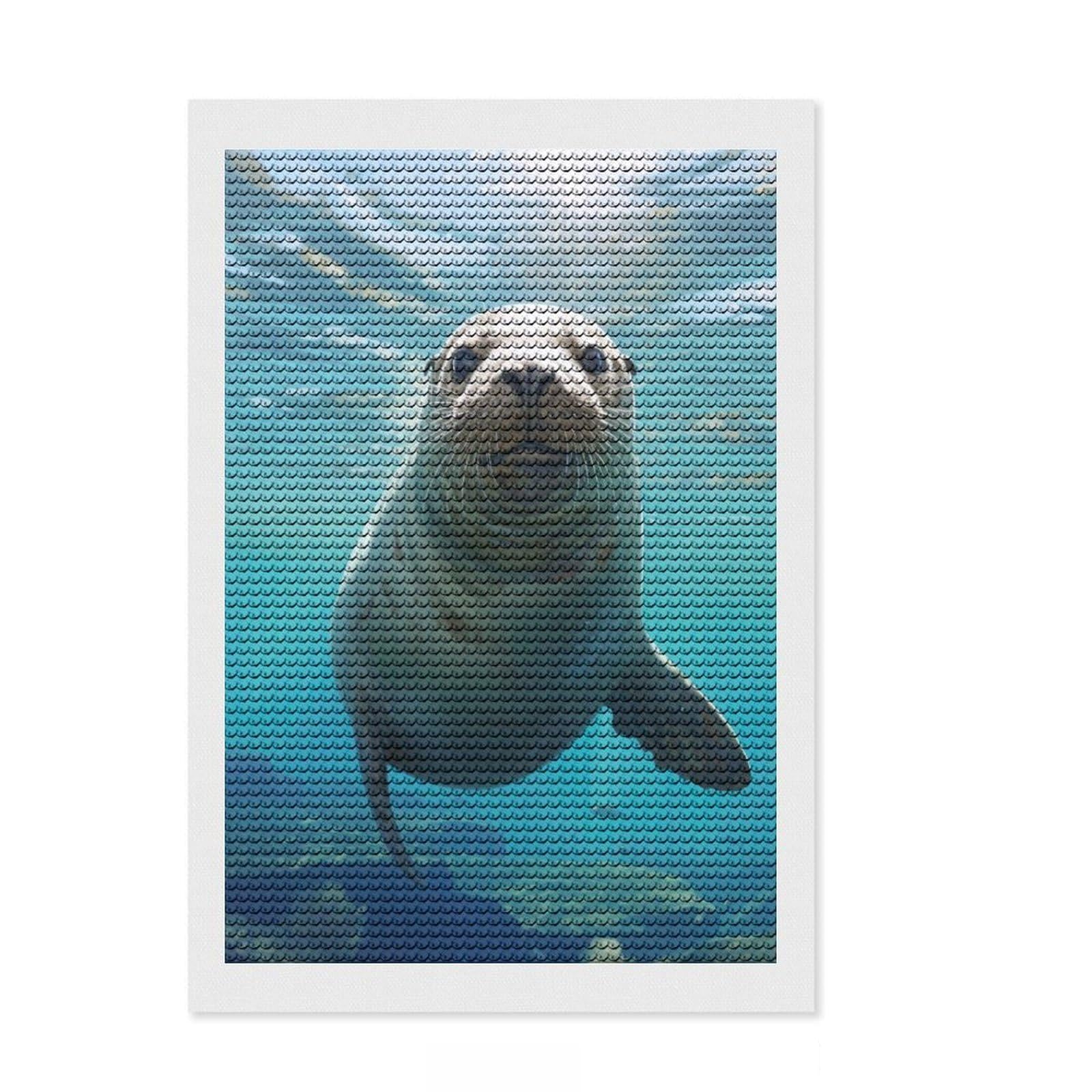 Junmoney Sea Lion Friend Diamond Art Kit 8"x12", Neat Printed Canvas, Easy to Follow Symbols, Easy Handmade Project, Living Room Decor