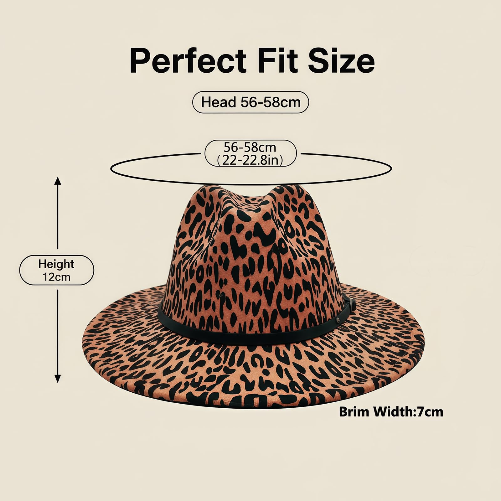 Chapeau Fedora unisexe imprimé léopard large bord feutre Trilby Panama Church Derby Cap avec boucle de ceinture (Kaki)