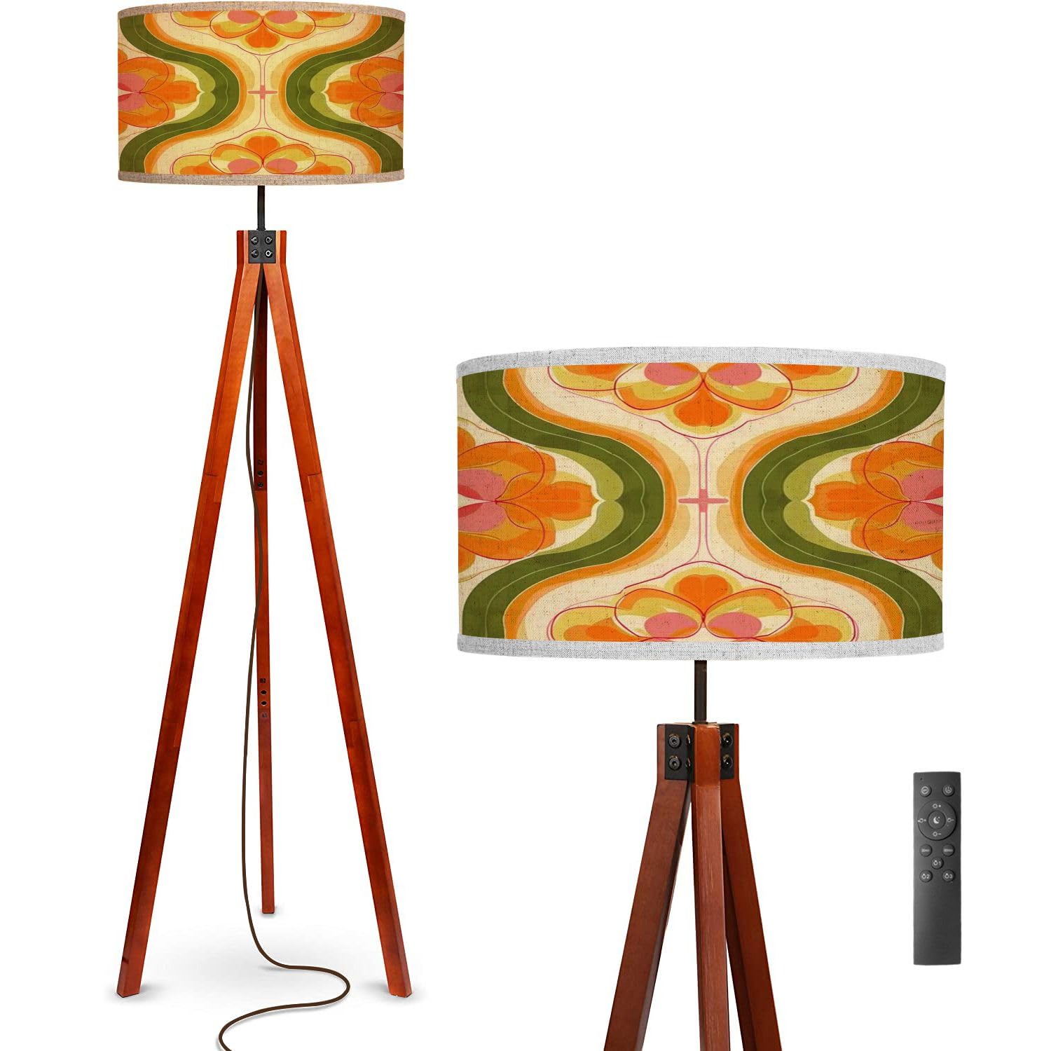 Floor Lamp 70 s Retro Seamless Pattern Geometric Floral Vintage Abstract Standing Lamp Solid Wood Legs Modern Tall Lamp Tripod Floor Lamp with Flaxen Shade for Living Room, Bedroom, Office
