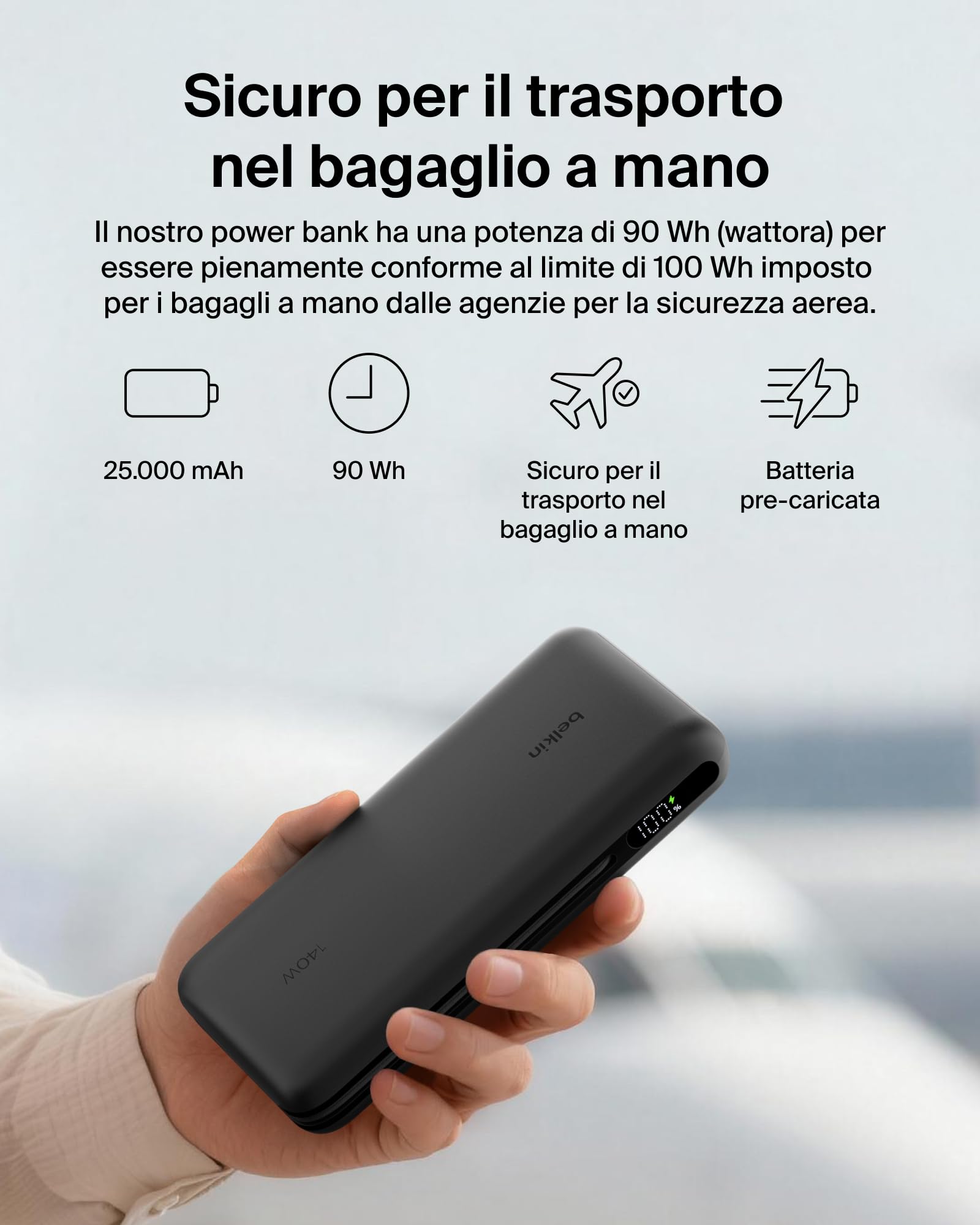 Belkin UltraCharge Pro Power Bank 25000mAh, Rapido, per Laptop - Nero | Caricatore Portatile 25000mAh, 1 USB-C, Cavo USB-C Integrato, 1 USB-A, 158W Power Delivery, Pre-Caricato, Display Digitale