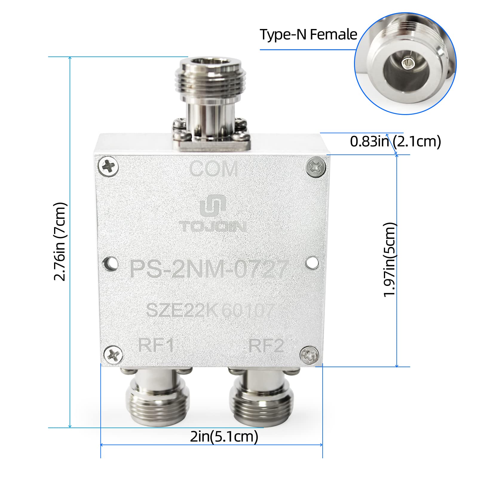 TOJOIN Rozgałęźnik Pasywny 2-Drożny do Złączy Typu N Rozgałęźnik Kabla Koncentrycznego 0,7-2,7 GHz do Pomiarów RF/Mikrofale Akcesoria Rozgałęźnik System Antenowy (PS-2NM-0727)