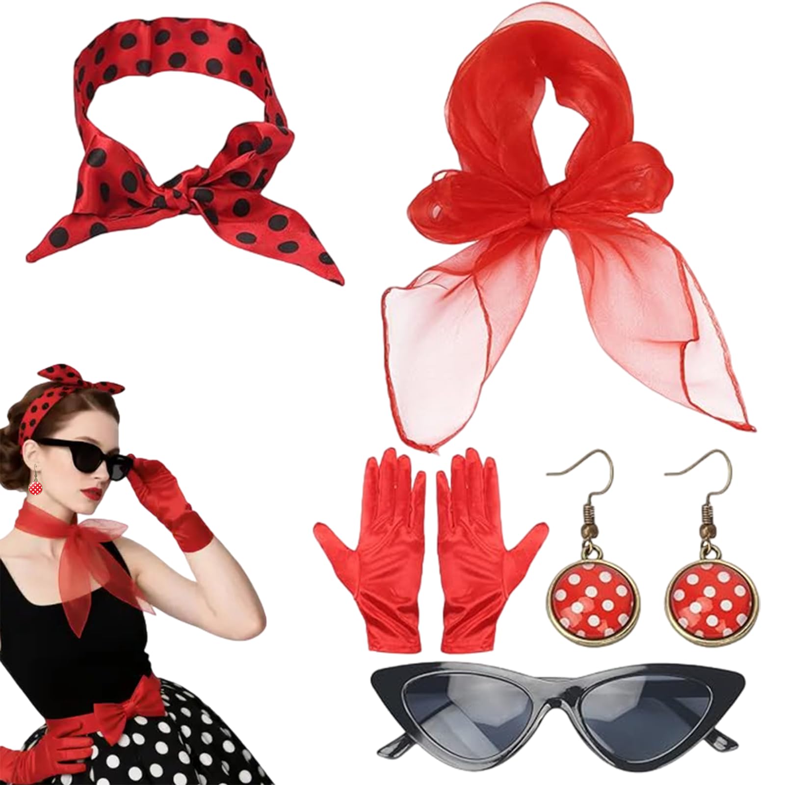 GWAWG 5 Piece 1950s Rockabilly Costume Accessory Set for Women Retro Chiffon Scarf Polka Dot Headband Cat Eye Glasses for Theme Carnival Fancy Dress Parties