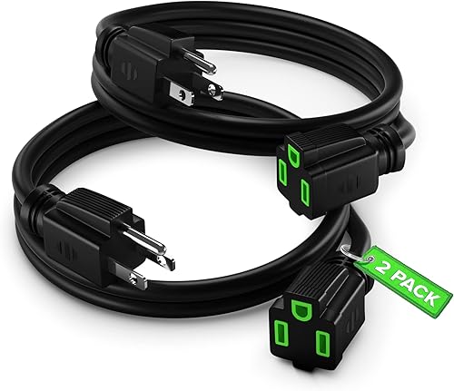 Maximm Cable de extensión 123 de 2 pies, 12 AWG, paquete de 2 unidades, negro, 1 salida resistente para interiores, certificación ETL, cable de