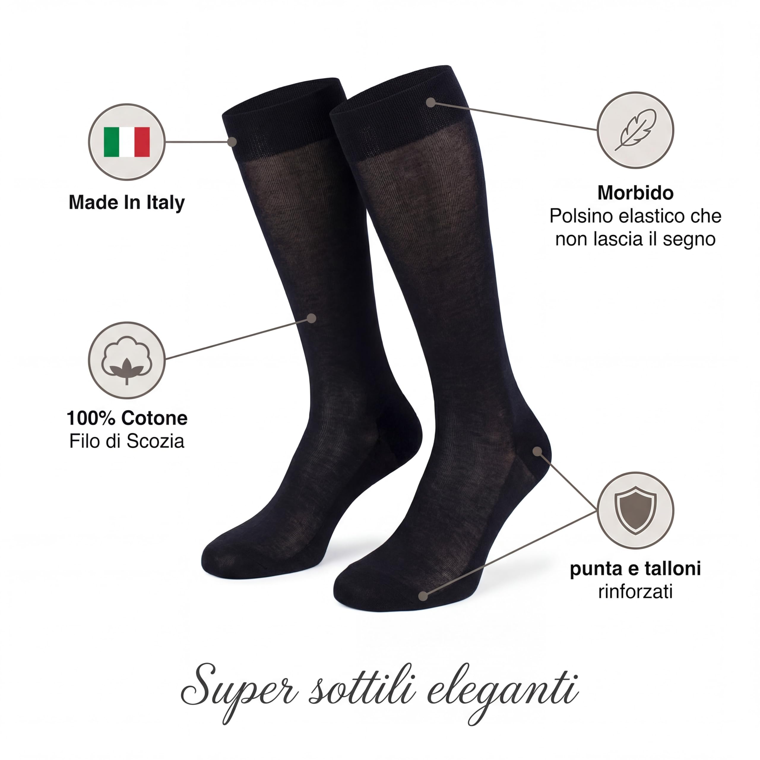 Ciocca Calze Lunghe Lisce Chiffon 100% Cotone Filo di Scozia - 3/6 Paia - Made in Italy