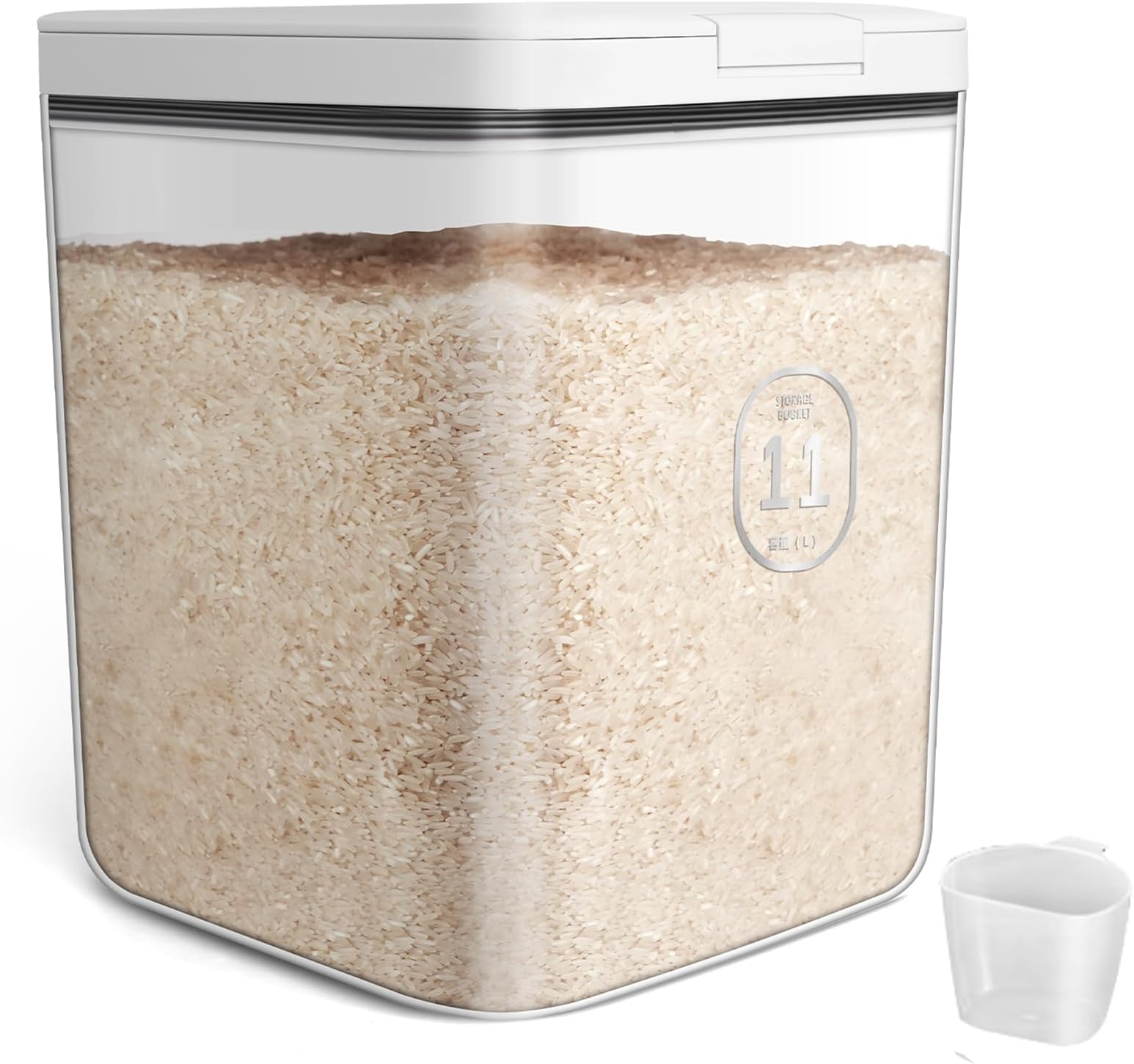 Rice Storage Container 10kg, Flour Container with Measuring Cup, Airtight Dry Food Storage Container 11 Litres, Kitchen Cereal Dispenser Plastic, Pantry Container for Pasta, Rice, Flour, Cereal
