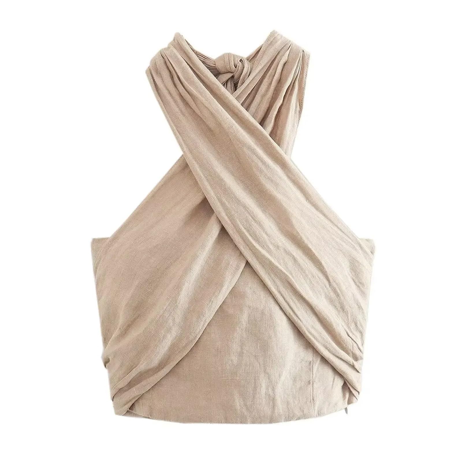 Top Aderente Lacci Incrociati Top in Lino Senza Schienale | Donne sexy estate Cro