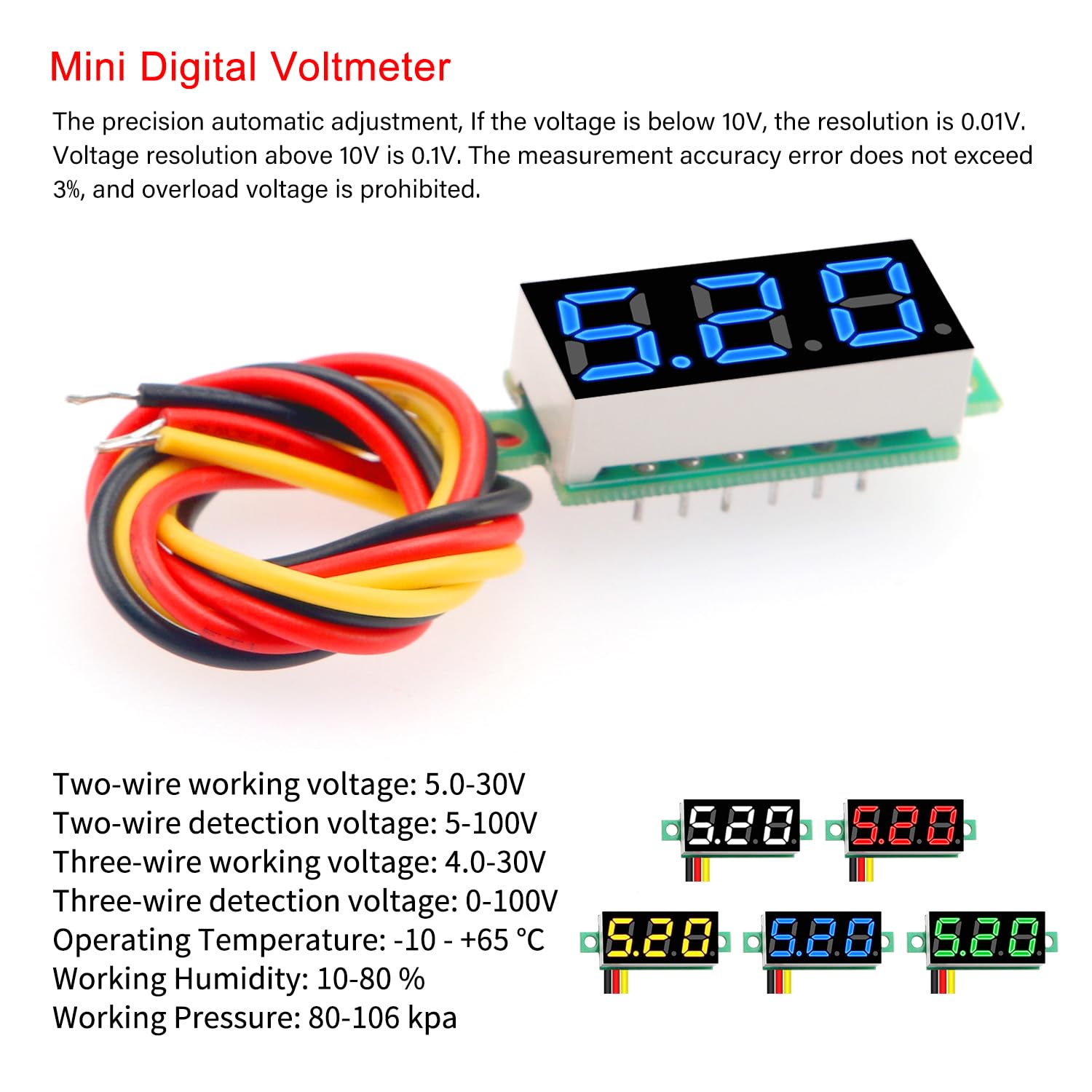 YIXISI Mini Digital LED Voltímetro 0.28" 0-100V DC 3 Cables Protección de Polaridad Medición Precisa (5 Colores)