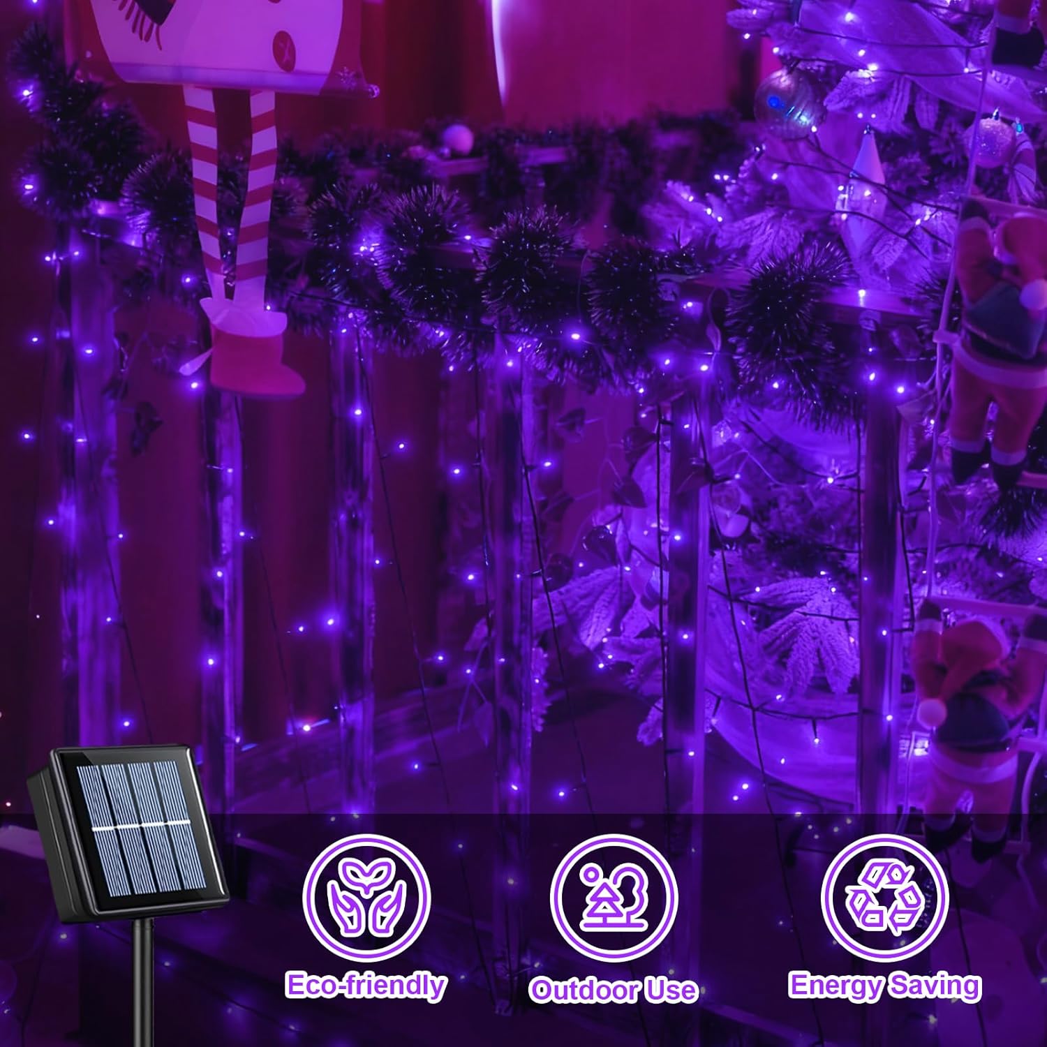 QITONG Purple Solar String Lights, 2 Pack Each 66ft 200 LED Christmas Fairy Lights Outdoor Waterproof, 8 Modes Green Wire Twinkle Lights for Outside
