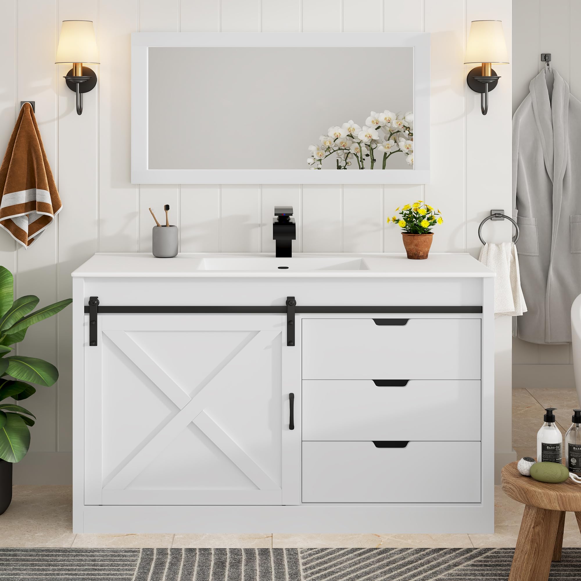 48" Farmhouse Bathroom Vanity with Sink, Faucet and Mirror