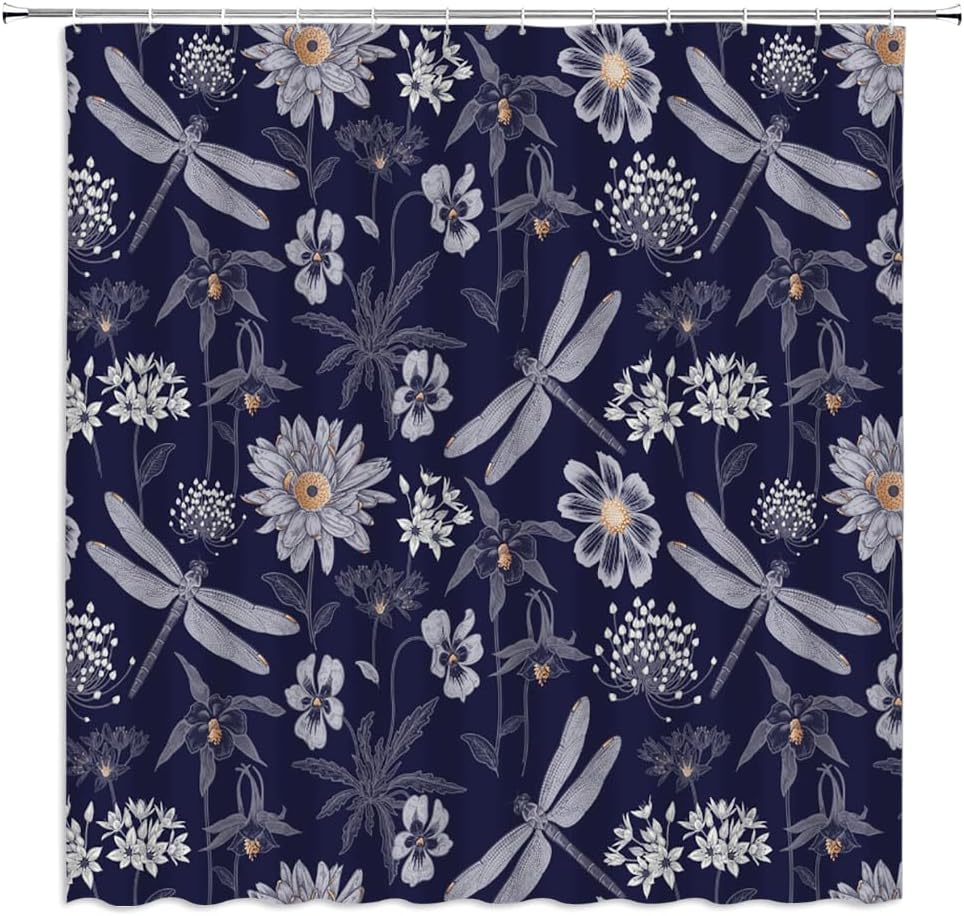 Dragonfly Floral Shower Curtain Boho Flower Leaves Wildflower Dragonflies Tropical Plant Botanical Vintage Abstract Navy Blue Fabric Bathroom Decor Curtains with Hooks,70 x 80