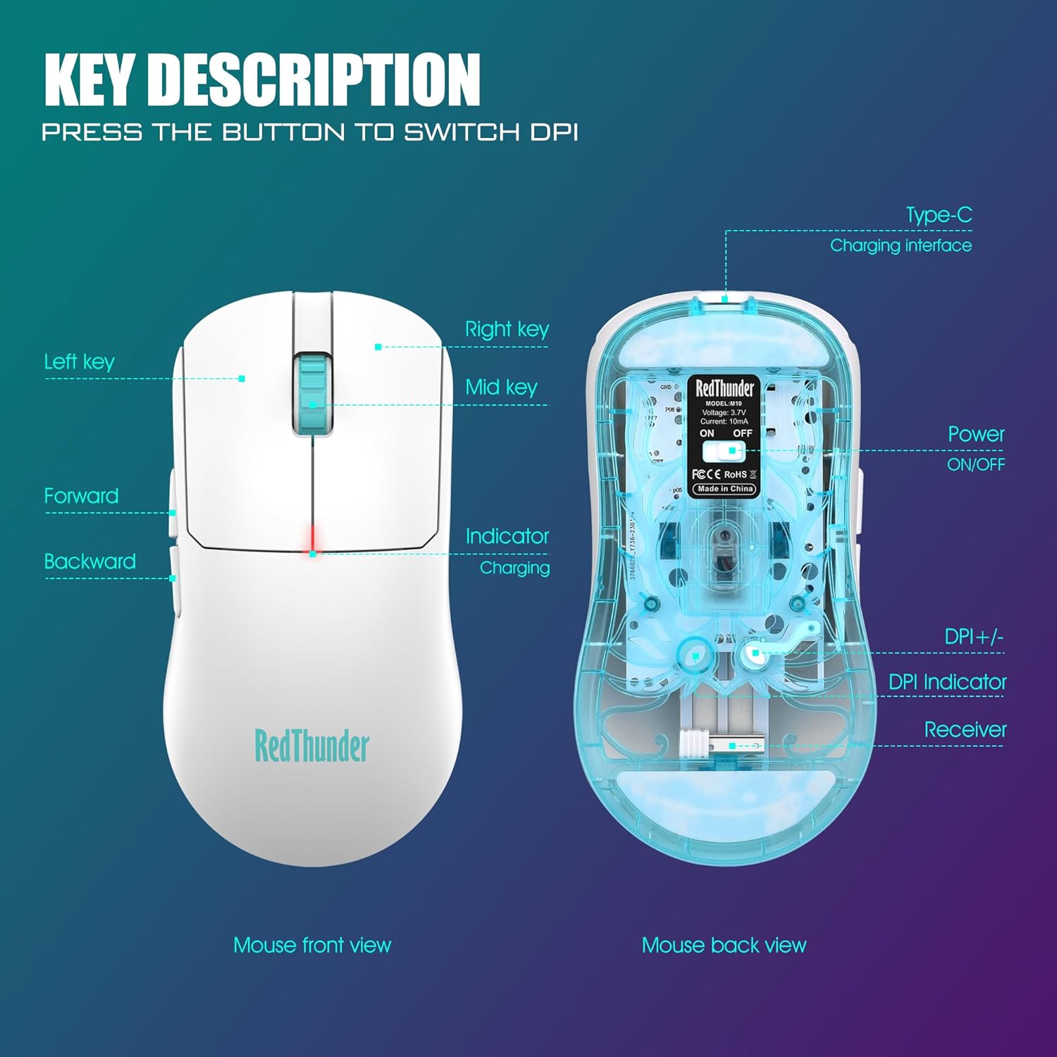 RedThunder M10 Wireless Gaming Mouse,54g Ultra-Lightwieght Rechargeable Mice, Dual Connectivity (2.4GHz RF, Wired),10K DPI HyperSpeed Sensor, for Esports/FPS Gaming/Laptop/PC/Mac/Windows, Matte White