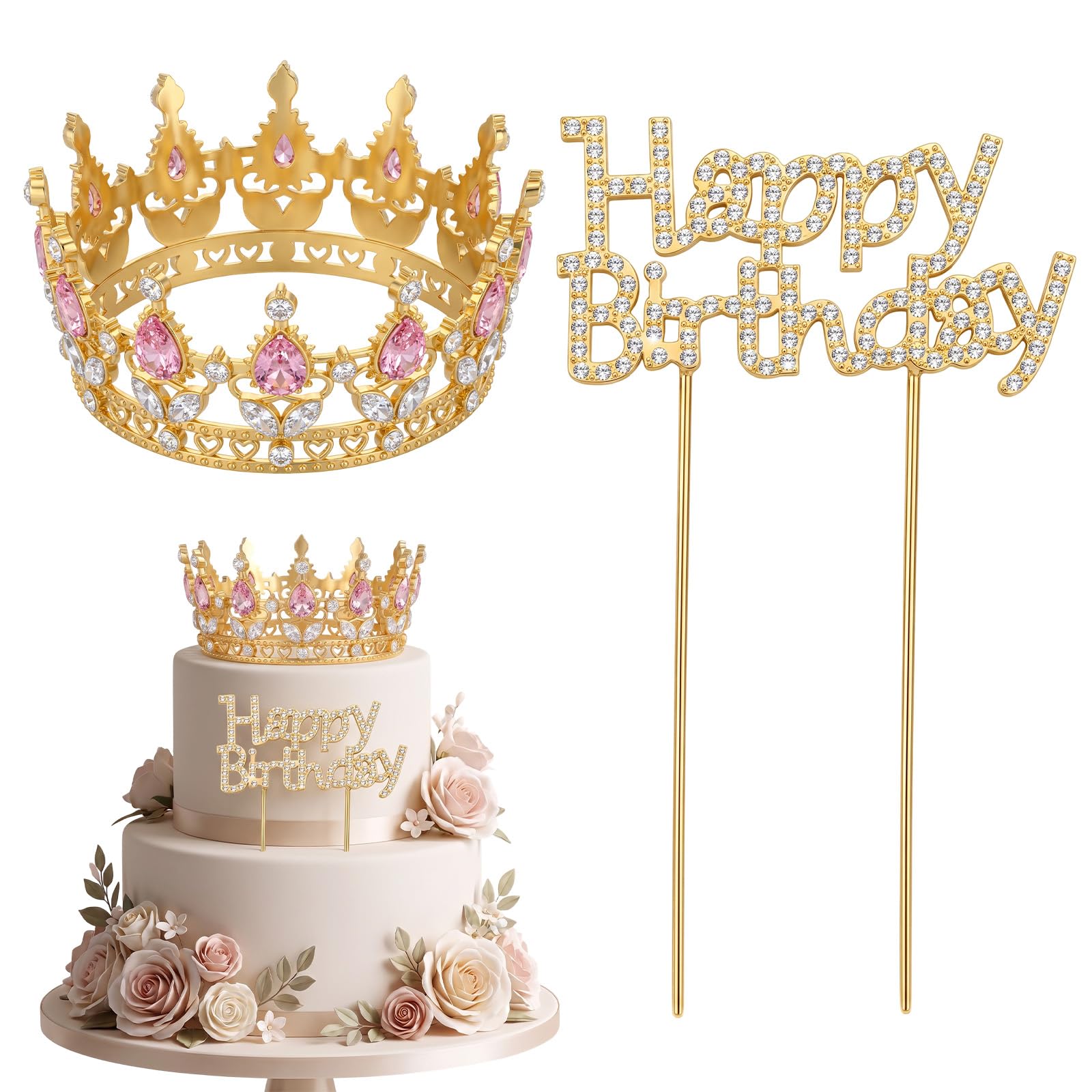 2 Pcs Queen Crown Birthday Cake Topper, Princess Happy Birthday Party Decor
