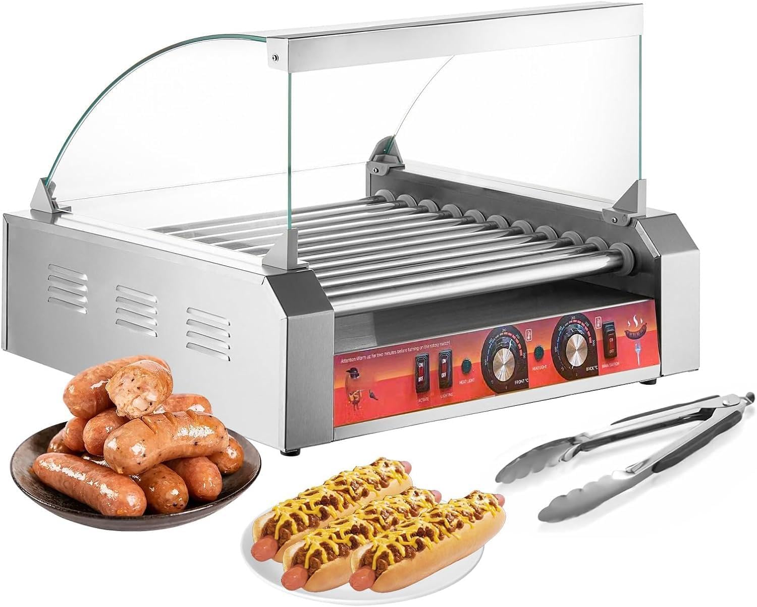 Vexon 11-Roller，1670W Hot Dog Machine，Holds 30 Hot Dogs，Non-Stick & Stainless Steel，for Parties, Events & Food Stalls
