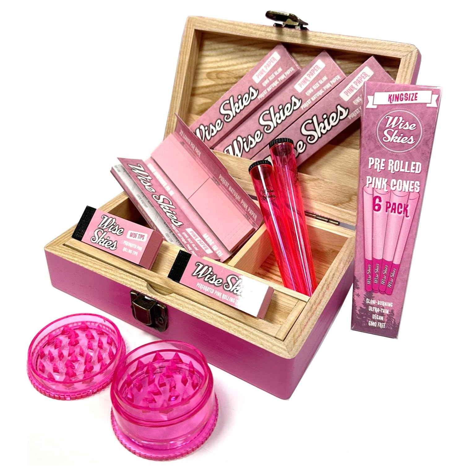 Wise Skies Pink Medium Rolling Box Set Rolling Papers Wide Tips Cones Crusher Holder Doob Tubes, 175 x 120 x 50mm
