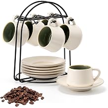PORCER 6 130 ml4.4 oz Ceramic Coffee Cup & Saucer with Black Metal Stand Sets, Stackable Cappuccino, Espresso Cups for Specialty Coffee Drinks, Latte, Americano, Tea - Fun Patchwork Colours