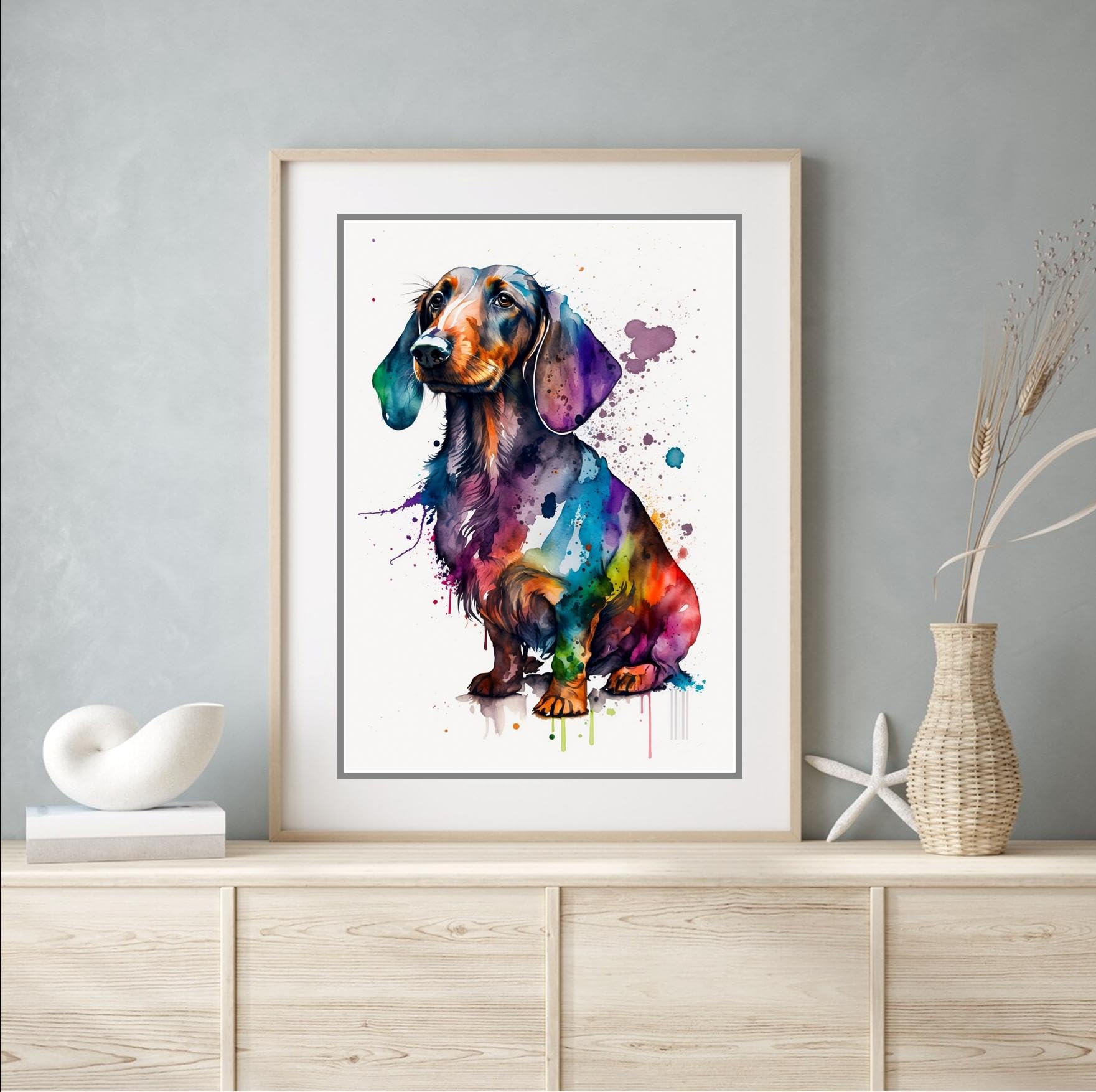 Beauitiful vivid fine art print of a Dachshund painting (picture 1) (A4 PRINT ONLY 29.7 X 21CM)