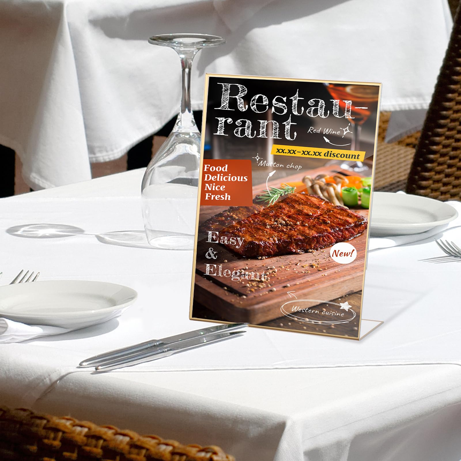 DAJAVE Paquete de 12 soportes acrílicos para menús de 8.5 x 11 pulgadas, soportes dorados para letreros de mesa, soporte de menú pequeño para bodas, carteles de restaurante