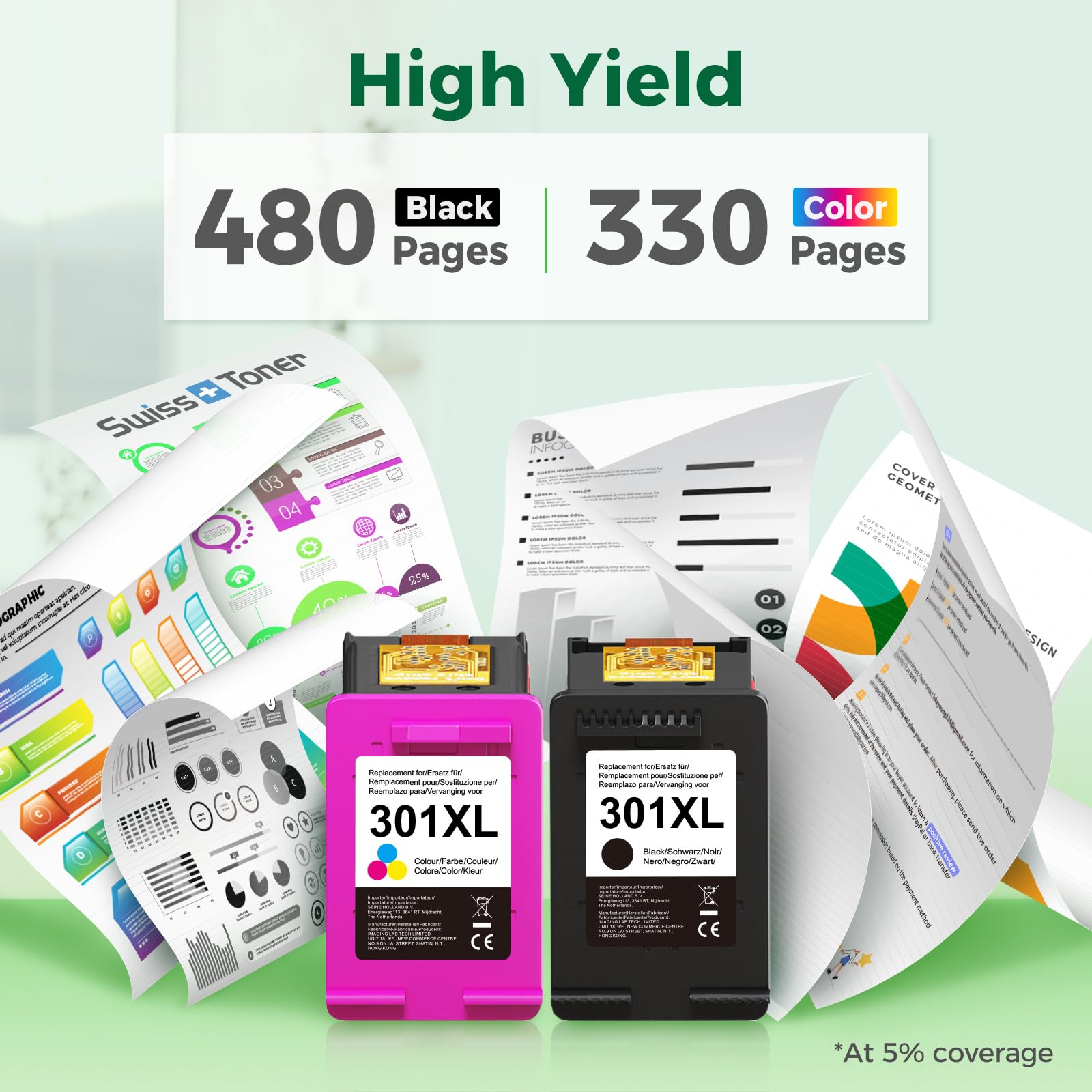 swiss toner Compatibile per HP 301XL 301 XL Rigenerate Cartucce d'inchiostro per HP Envy 4500 5530 Officejet 2620 4630 2622 Deskjet 3050A 2050 3052A 1510 3050 1000 3000 2510 2540 1050 (2-pack