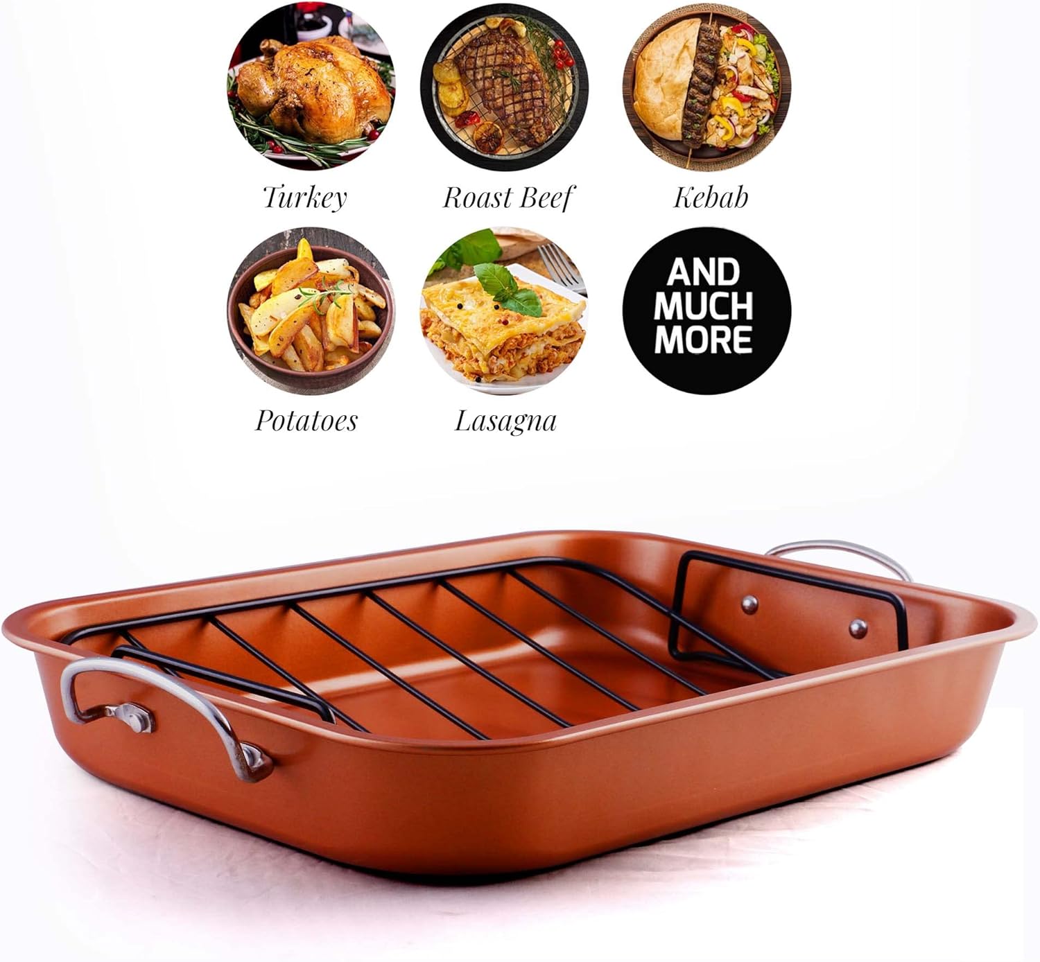 OVENTE Stainless Steel Roasting Pan with V-Shape Rack and Carving Set, 15x11.75 Inch Nonstick Roaster Tray, Oven & Dishwasher Safe Bakeware Dish for Turkey, Roasted Chicken or Beef, Copper CWR24619CO