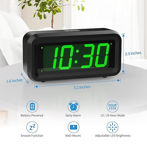 Miniatura 3 de KWANWA Reloj digital pequeño, alimentado con cablefunciona con pilas, reloj despertador, 12H24H, montaje en mesapared, botón de ajuste actualizado,