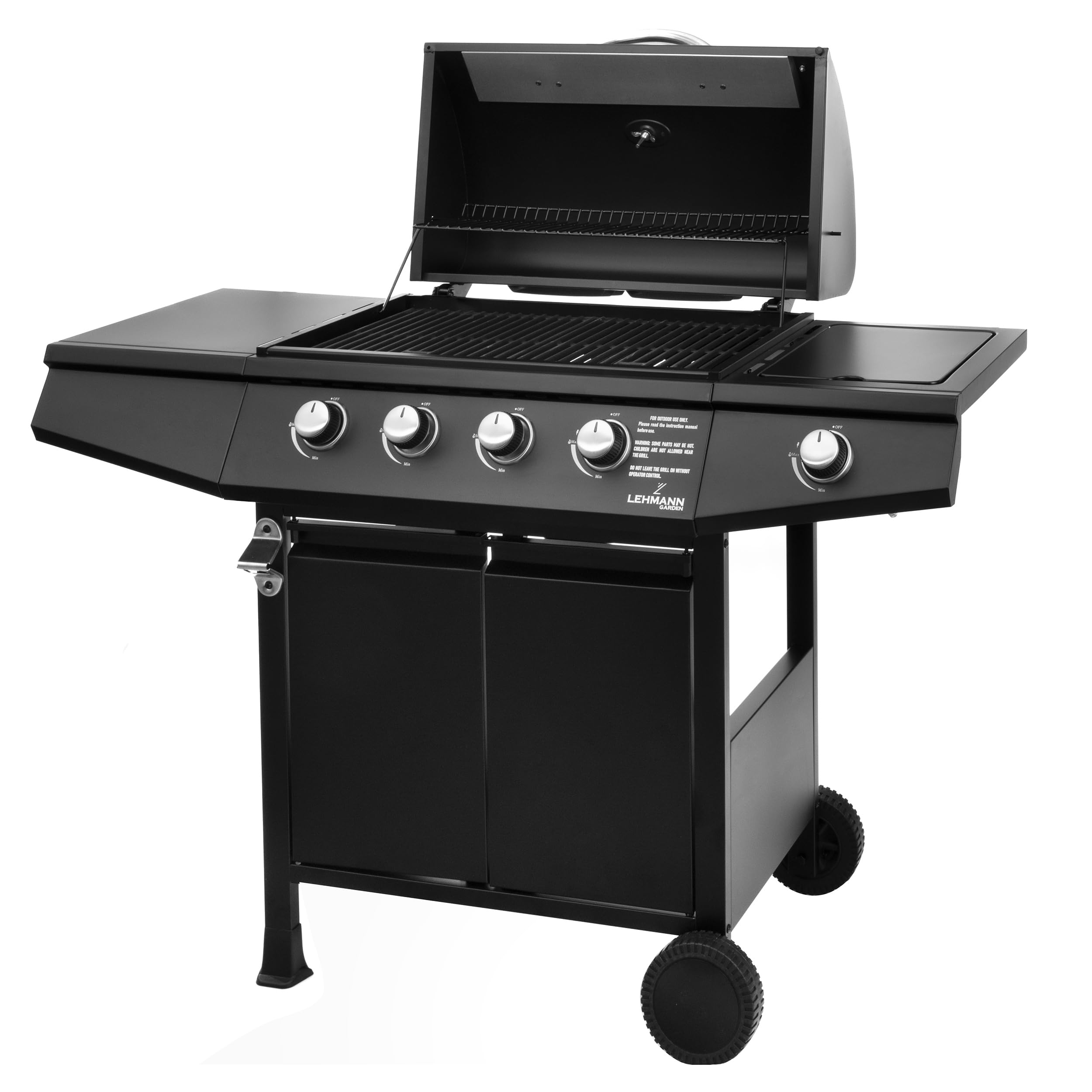Lehmann Grill gazowy Ohio Black, na kółkach, stal nierdzewna, czarny, 4 Palniki + Palnik Boczny, 9,3 kW, Żeliwny Ruszt 33 x 66 cm, z Termometrem i Szafką, Pokrowiec, reduktor i wąż