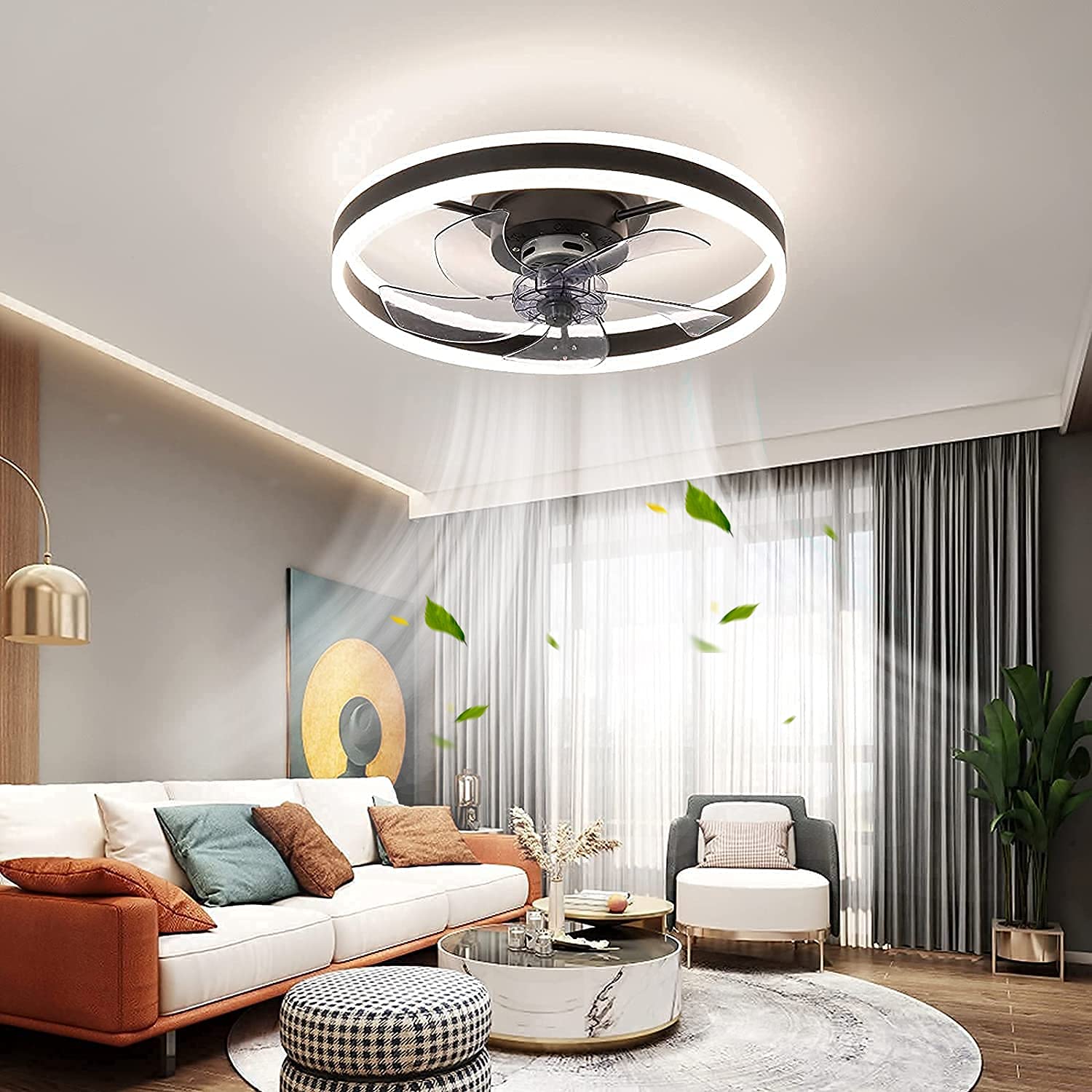CHANFOK Ceiling fan with Light - Flush Mount Modern Indoor 19.7" LED Dimmable Low Profile Ceiling Fans with Remote Control,Smart 3 Light Color Change and 6 speeds (Black)