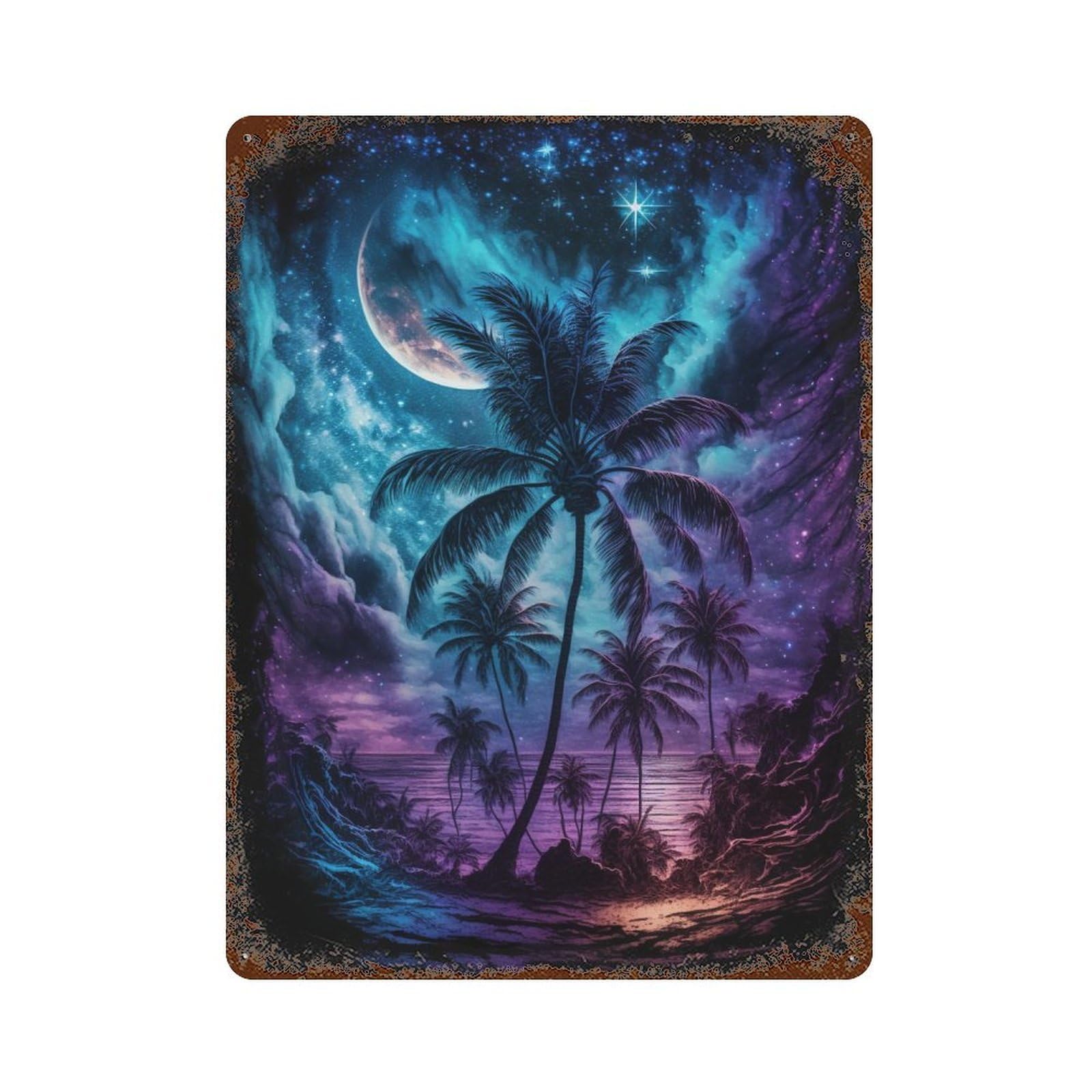 Rust Effect Galactic Palm Beach Aged Metal Wall Plaque 15.7"x11.8", Old School Wall Decor for Patio, Garden Room And Bar Decor